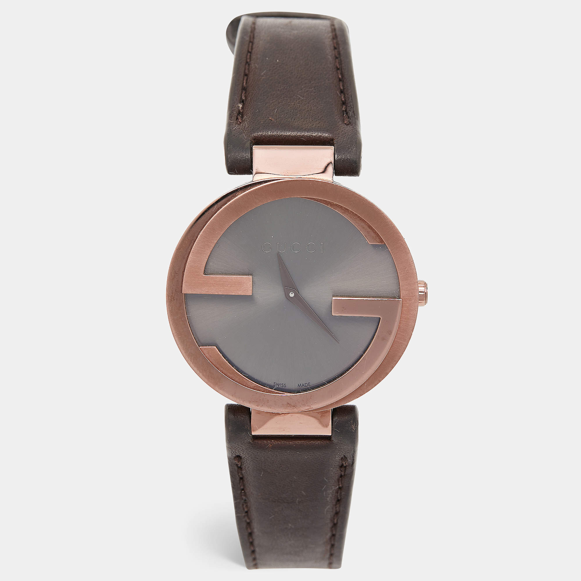 Gucci Slate Brown PVD Stainless Steel Leather Interlocking G YA133309 Women's Wristwatch 37 mm