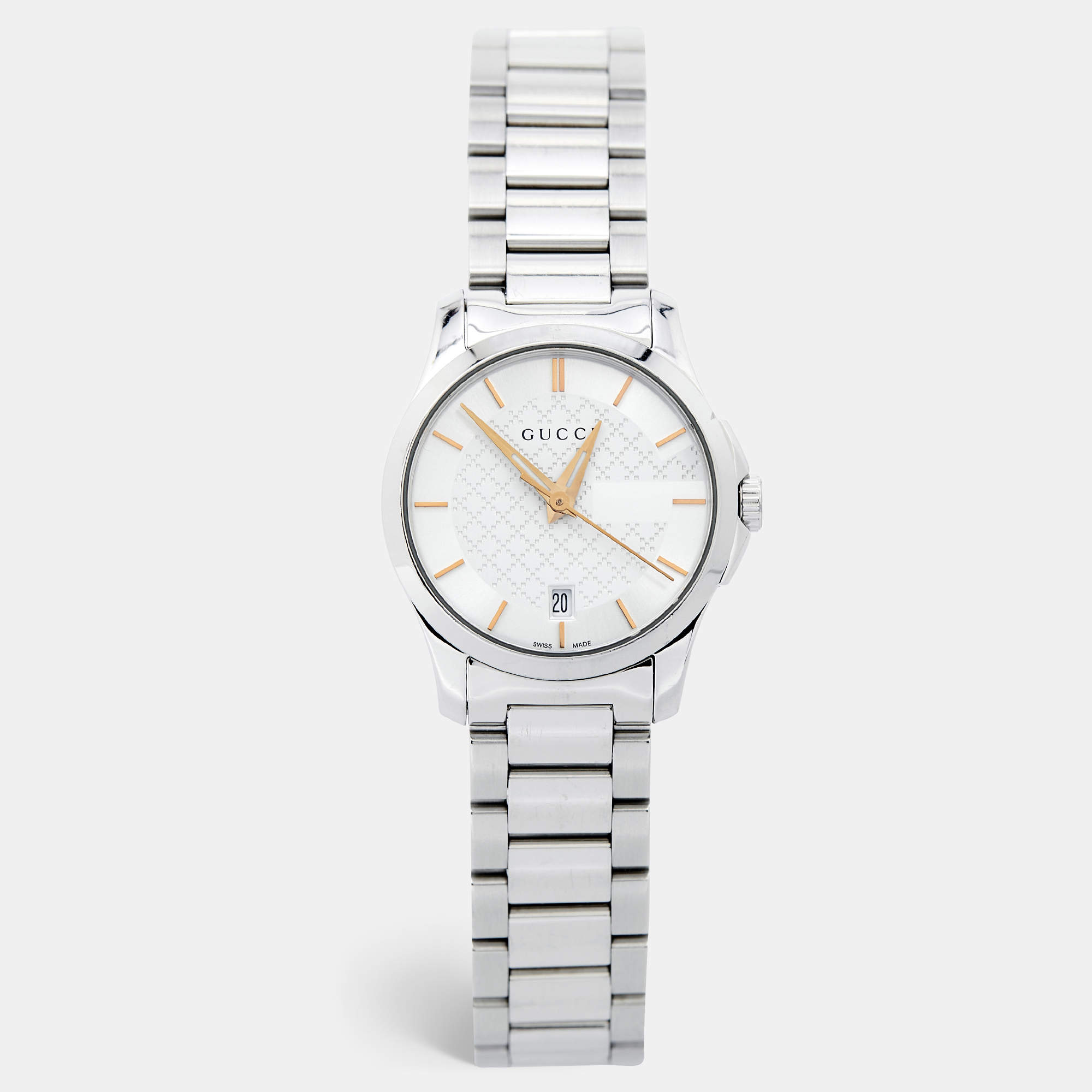 Pre Owned Gucci Silver White Stainless Steel G-Timeless 126.5 Women's Wristwatch 27 mm