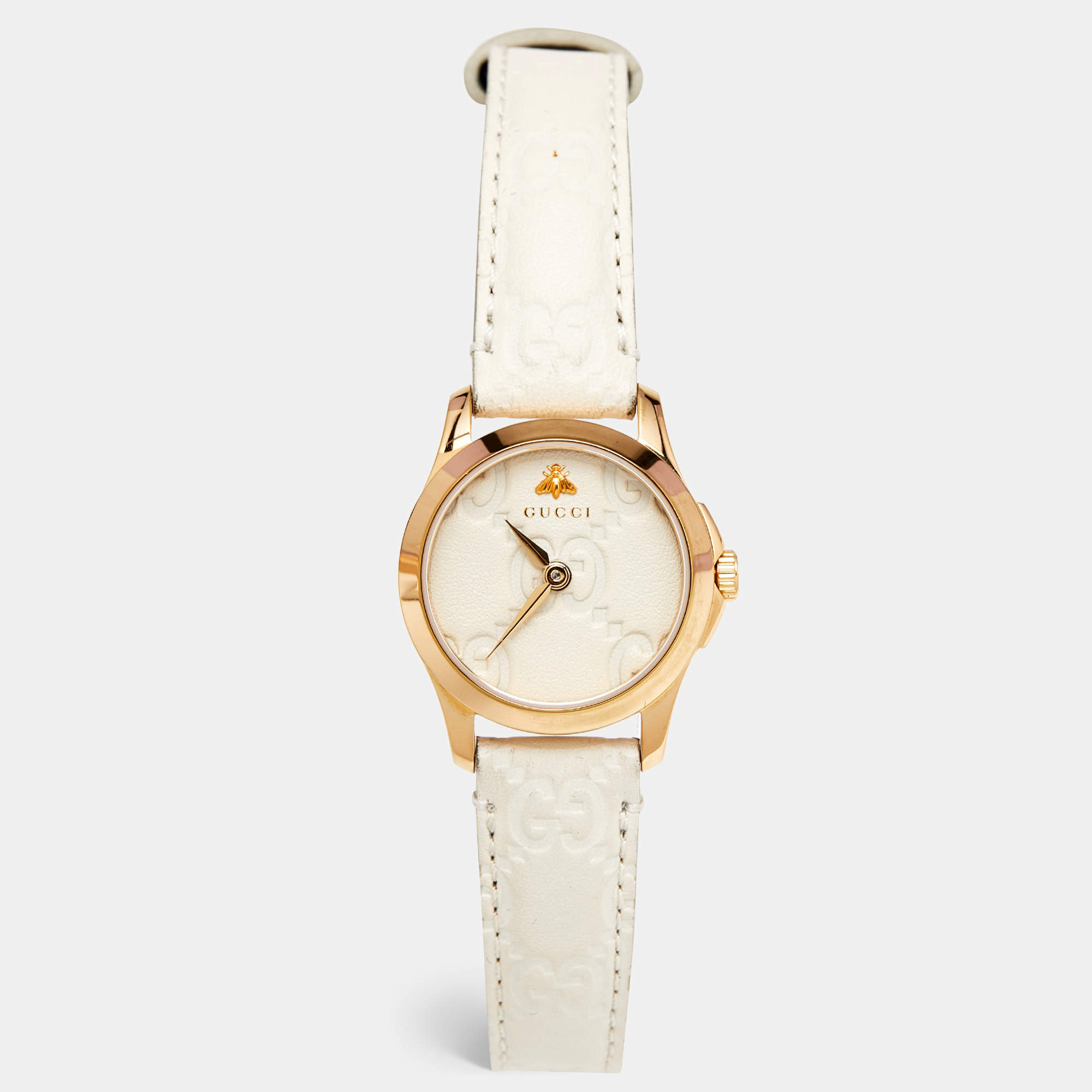 Gucci Cream Gold Plated Stainless Steel Leather G-Timeless 126.5 Women's Wristwatch 27 mm