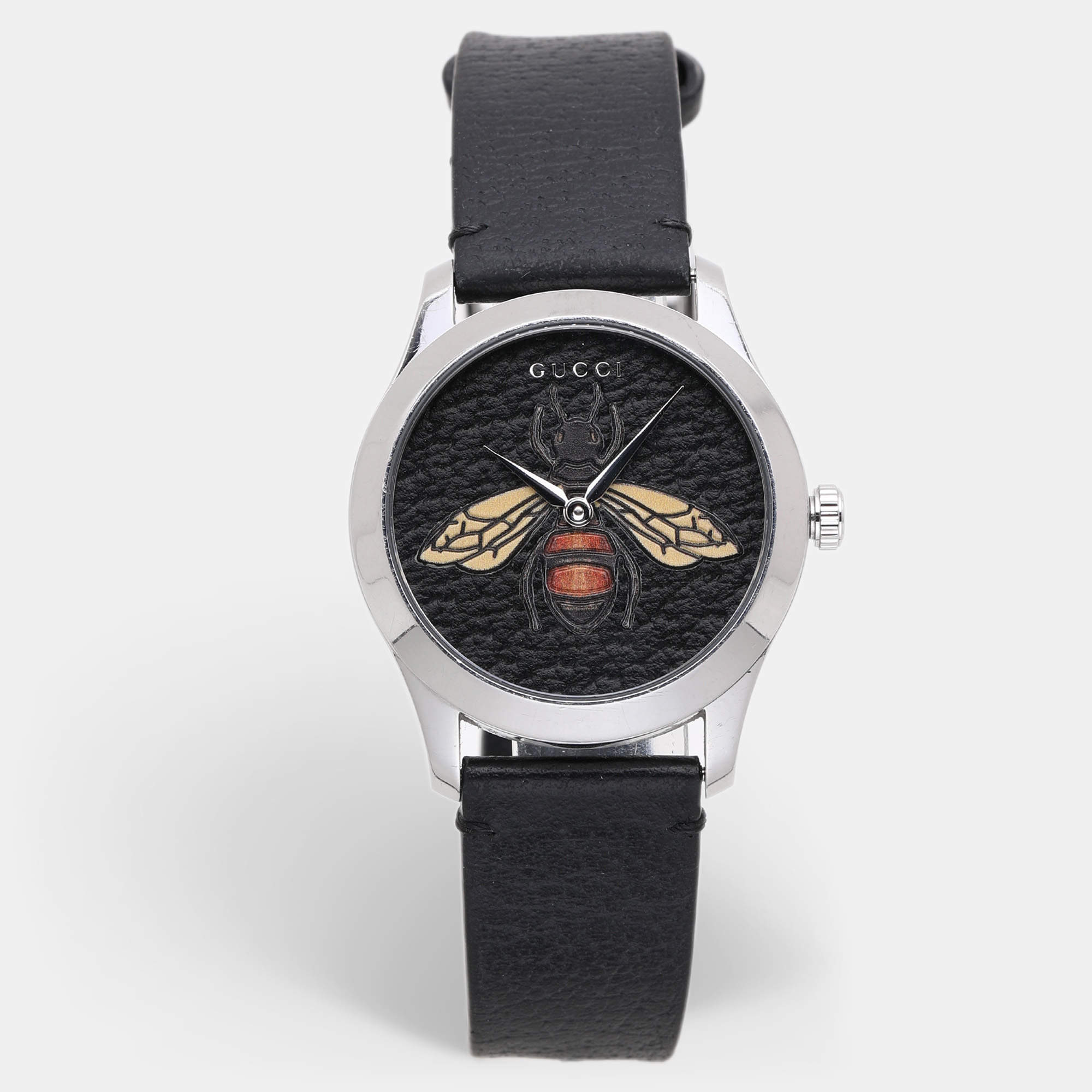 Gucci Black Stainless Steel G-Timeless 17237419 Leather Strap Women's Wristwatch 38 mm