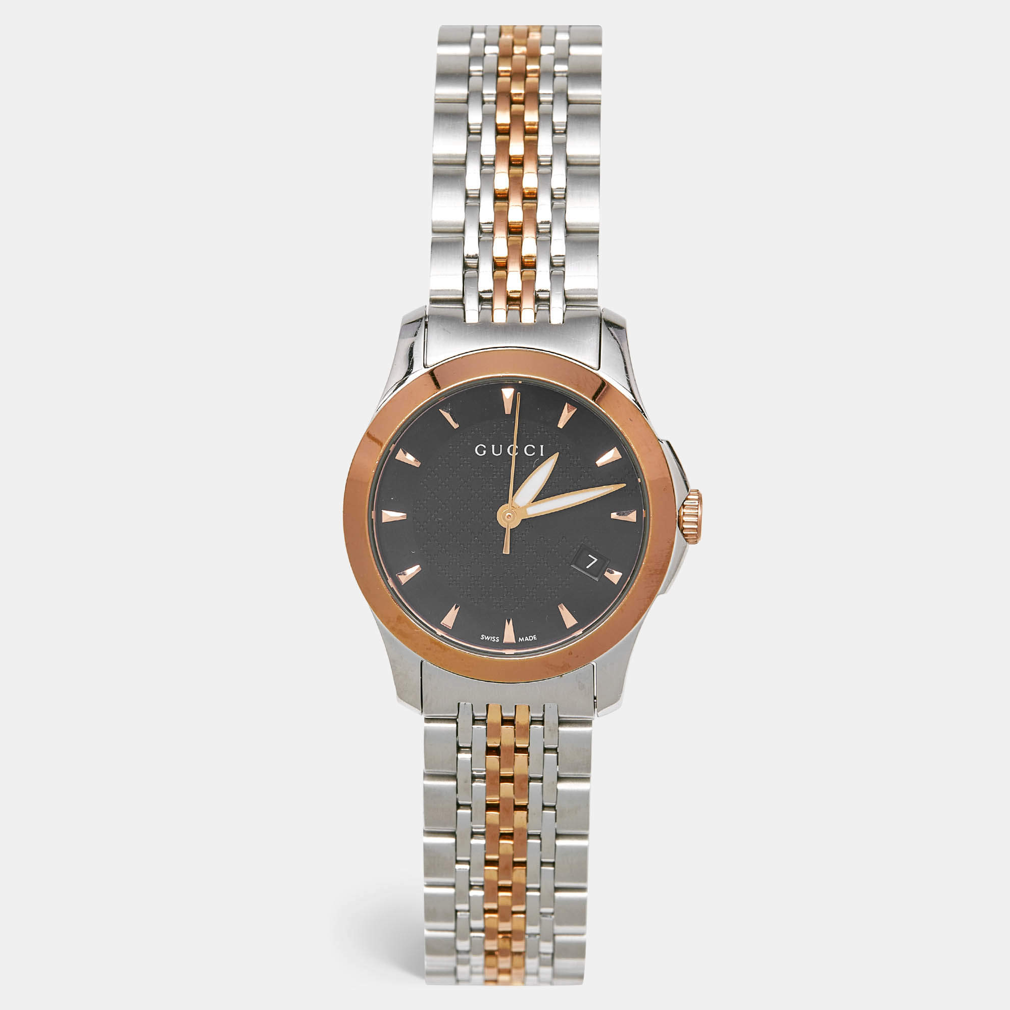 Pre Owned Gucci Black Two-Tone Stainless Steel G-Timeless YA126512 Women's Wristwatch 27 mm