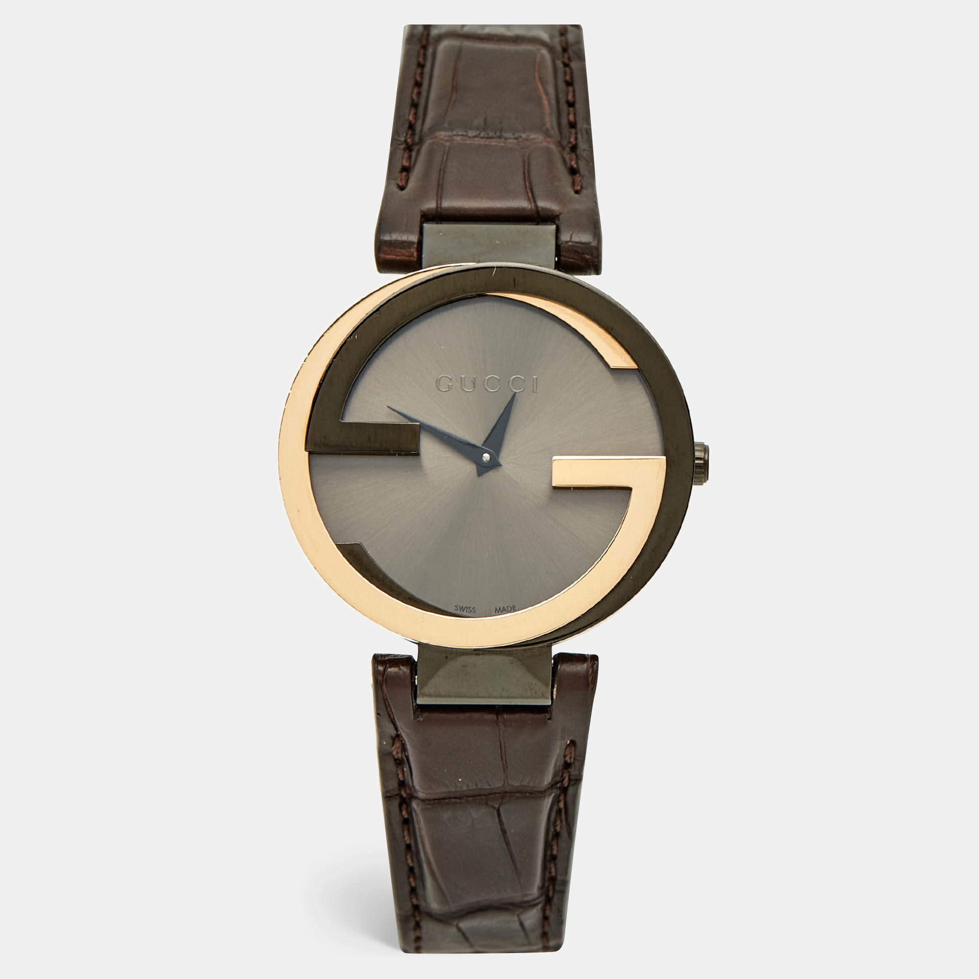 Pre Owned Gucci Brown Two-Tone Stainless Steel Leather Interlocking G YA133304 Women's Wristwatch 36 mm