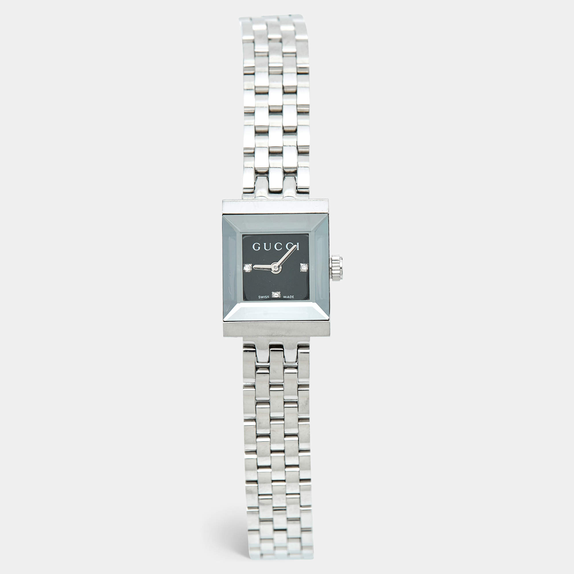 Pre Owned Gucci G-Frame YA128507 Black Dial Stainless Steel Diamond Women's Wristwatch 14 mm