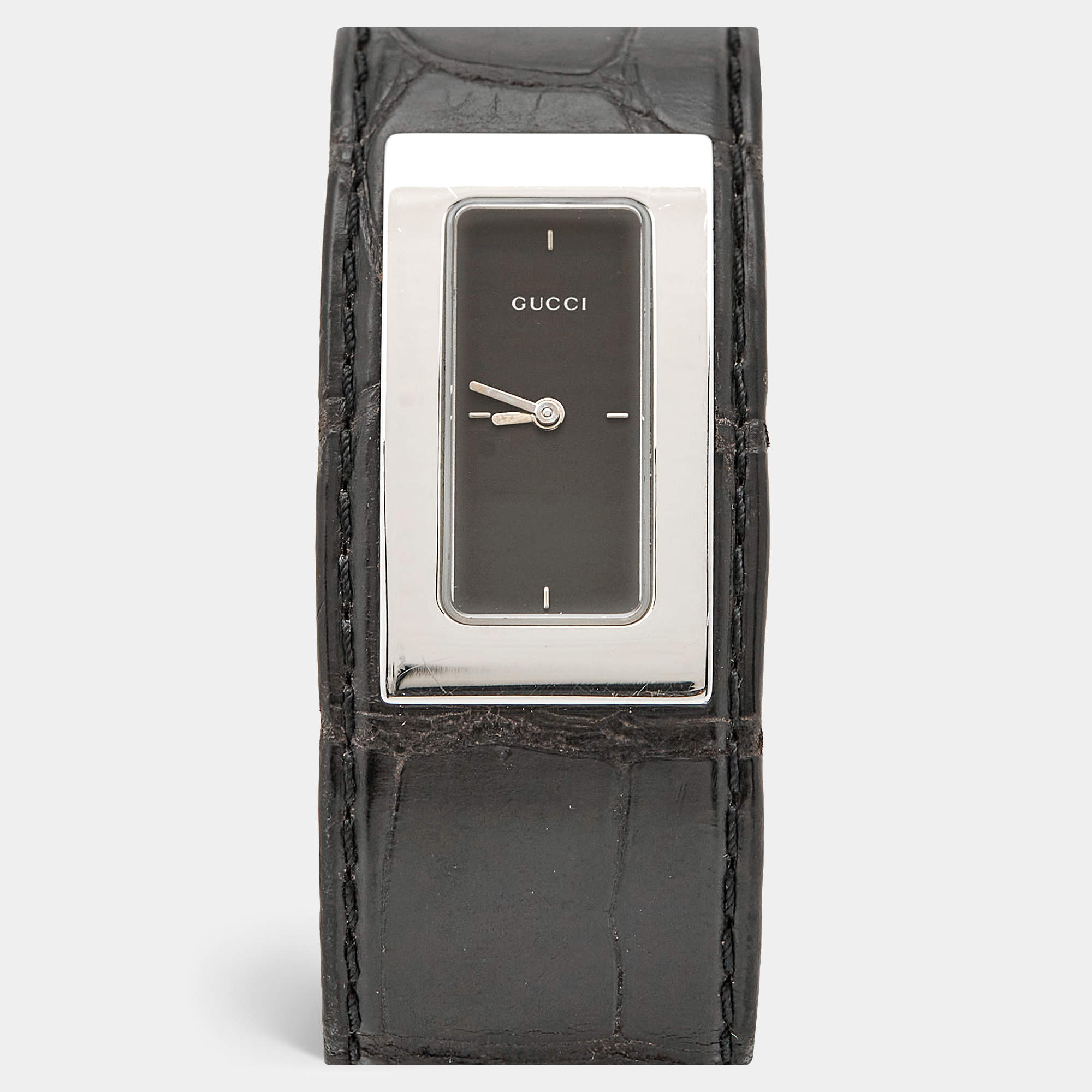 Pre Owned Gucci 7800 Series Black Dial Stainless Steel Alligator Leather Women's Wristwatch 18 mm