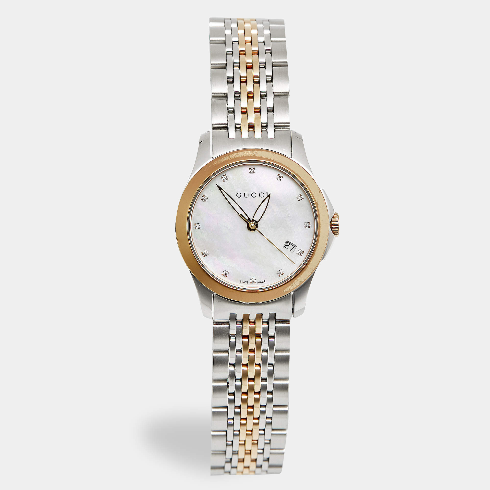 Pre Owned Gucci G-Timeless YA126513 Mother Of Pearl Dial Diamond Two Tone Stainless Steel Diamond Women's Wristwatch 27 mm