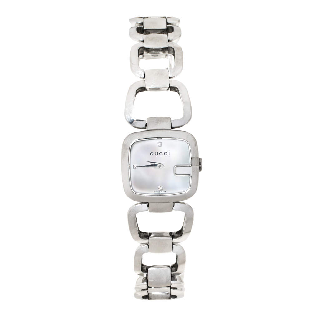 Gucci White Mother of Pearl Stainless Steel Diamond G Series 125.5 Women's Wristwatch 24 mm