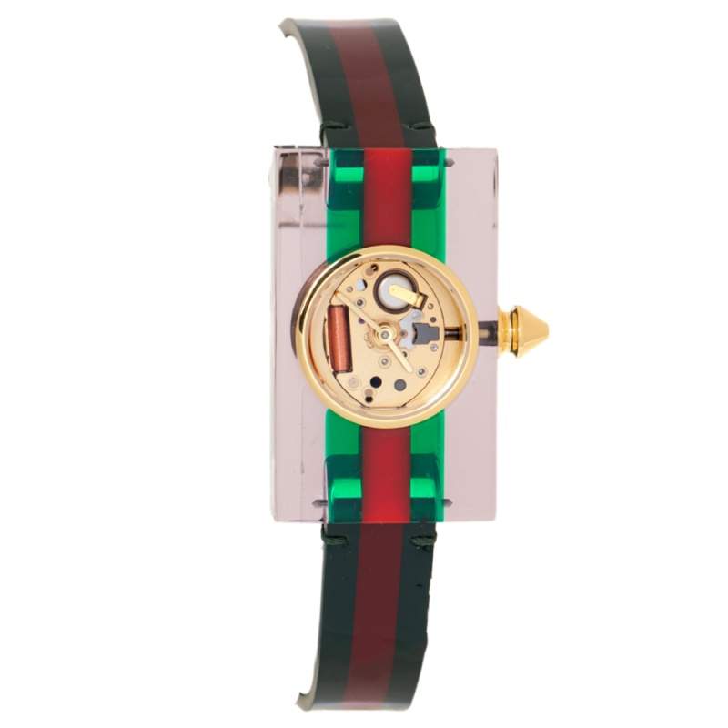 Gucci Skeleton Plexiglass Gold Plated Stainless Steel and Leather 143.5 Women's Wristwatch 24 mm
