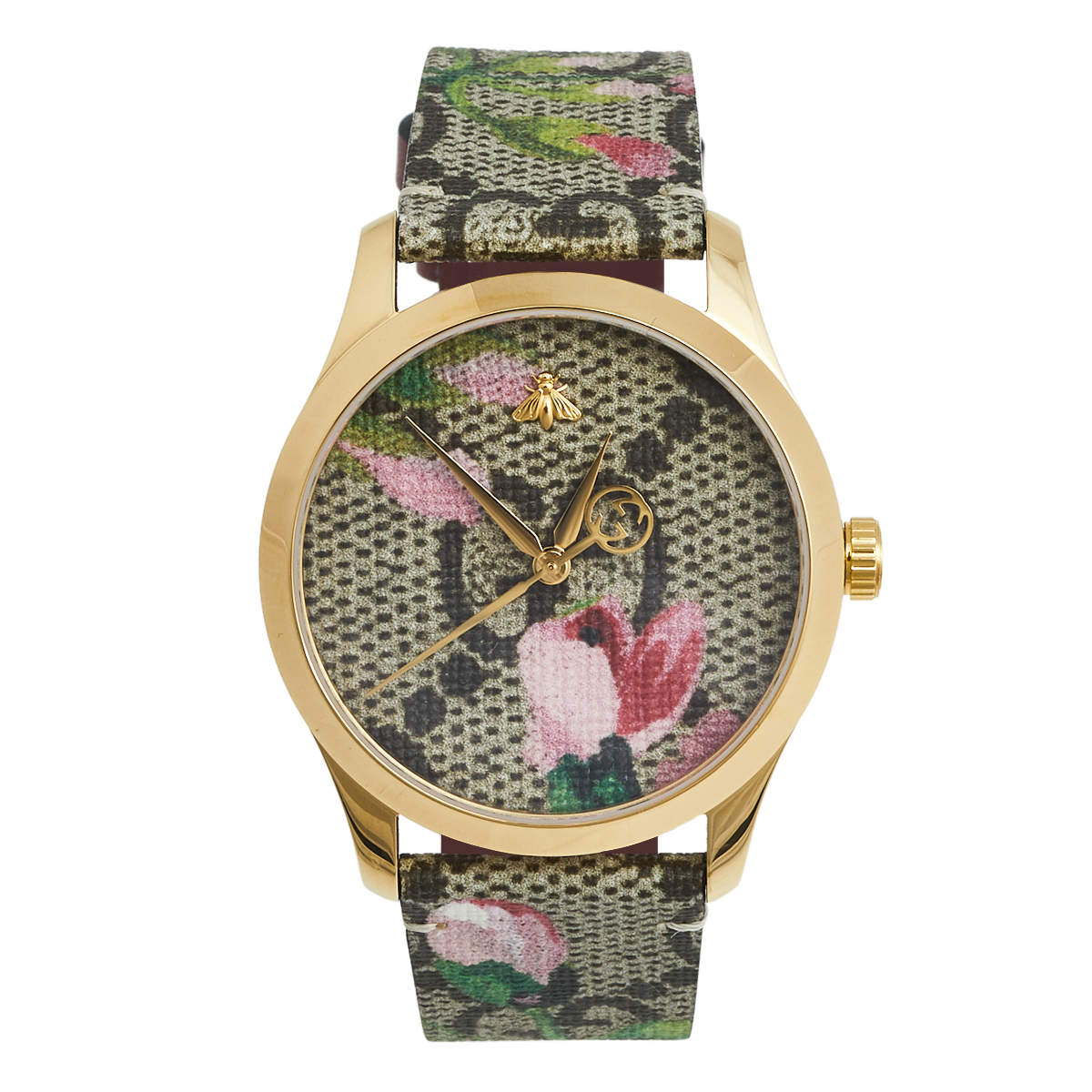Gucci Pink Blooms Print Gold Plated Stainless Leather Steel G-Timeless 126.4 Women's Wristwatch 36 mm