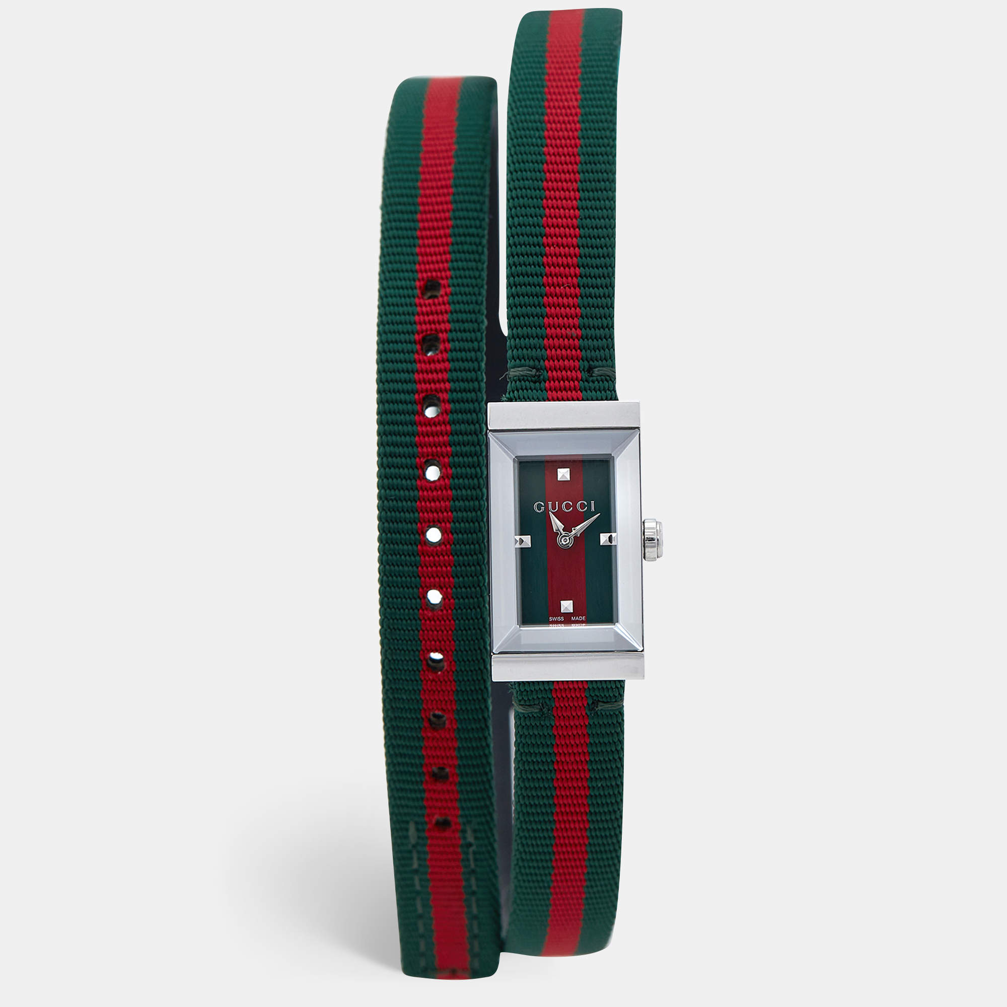  Gucci Green Red Stainless Steel Canvas Leather G-Frame YA147503 Women's Wristwatch 14 mm