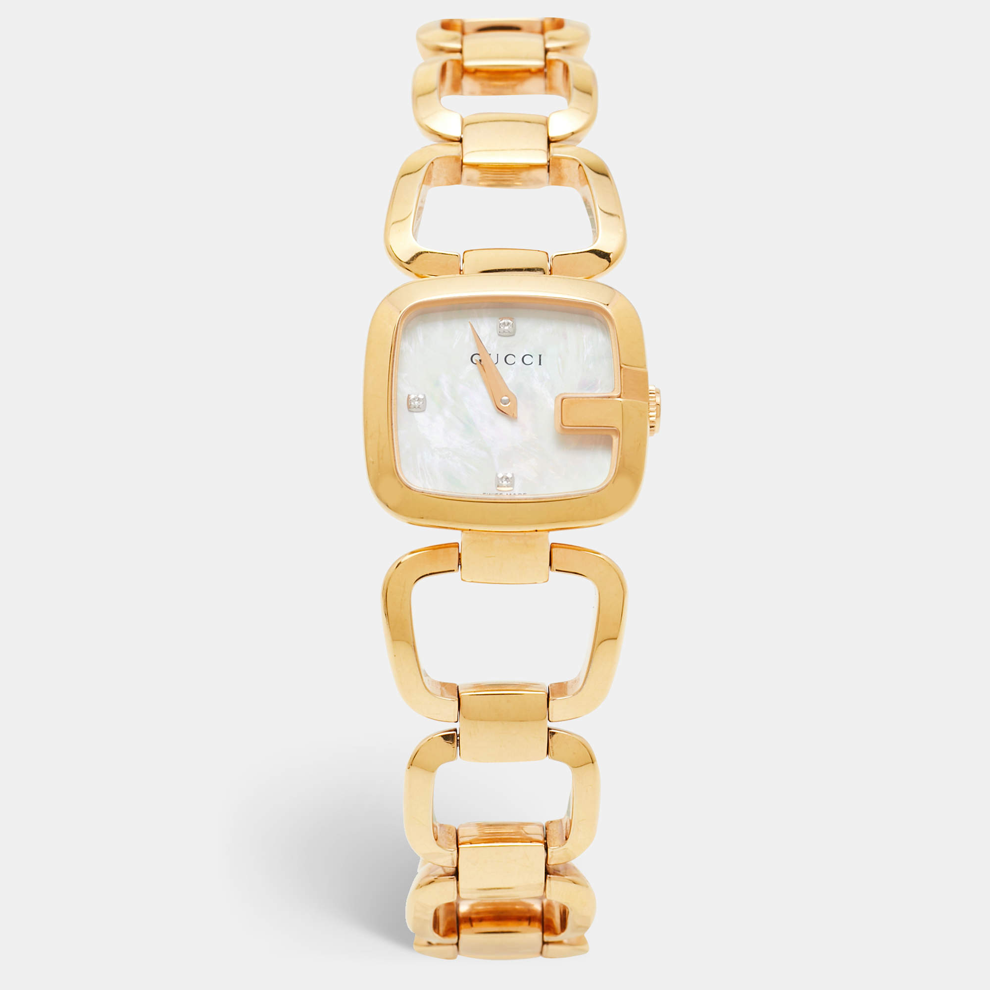 Pre Owned Gucci Mother of Pearl Rose Gold Plated Stainless Steel G-Series 125.5 Women's Wristwatch 24 mm