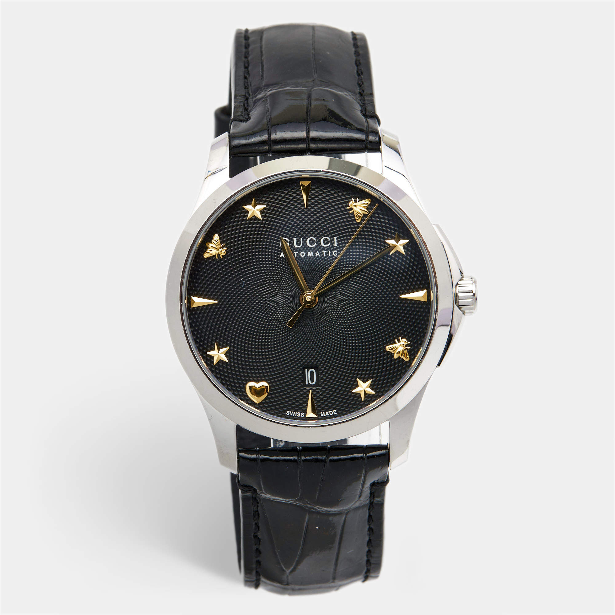 Gucci Black Stainless Steel Alligator Leather G-Timeless YA126469 Women's Wristwatch 38 mm