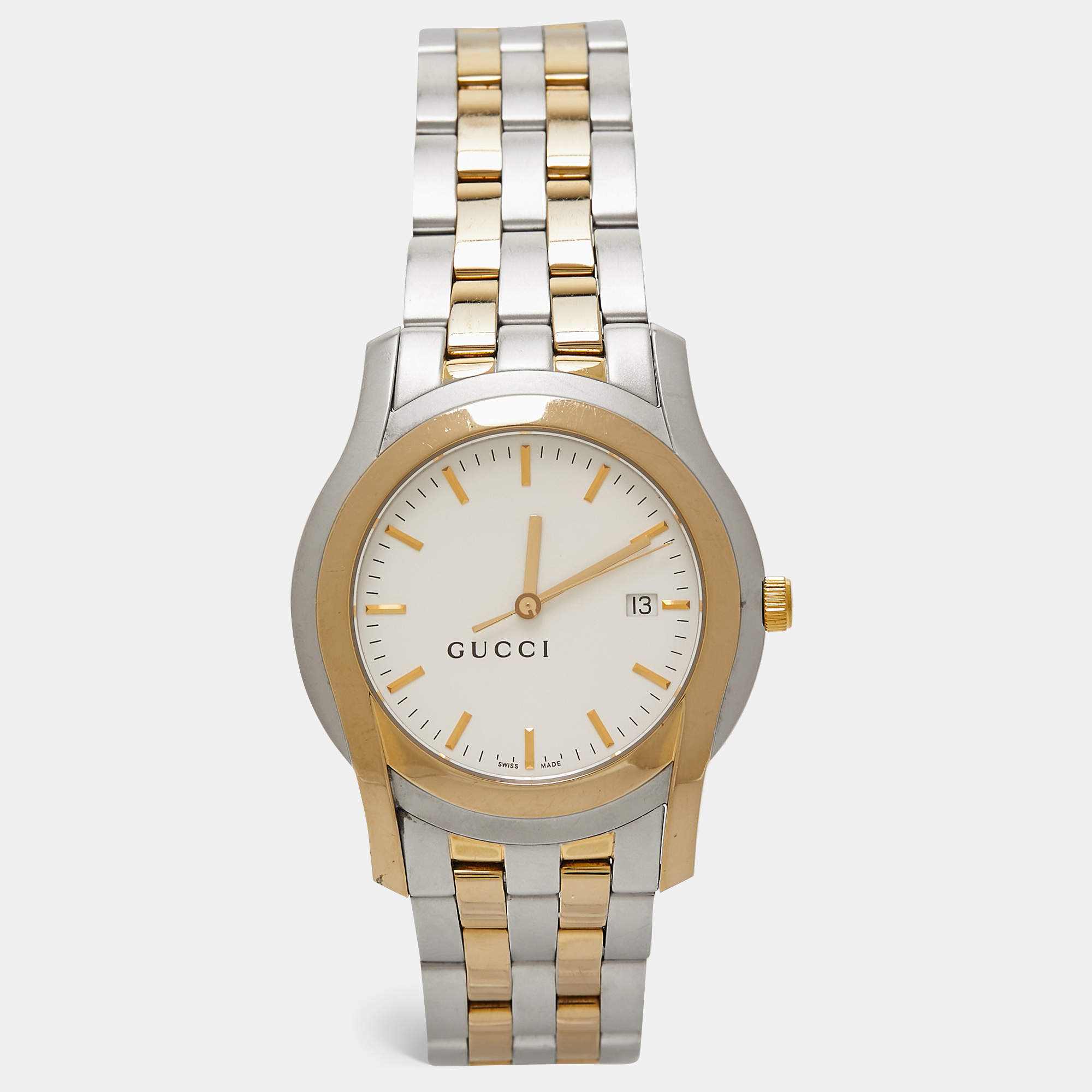 Pre Owned Gucci White Two Tone Stainless Steel 5500XL YA055216 Unisex Wristwatch 38 mm 