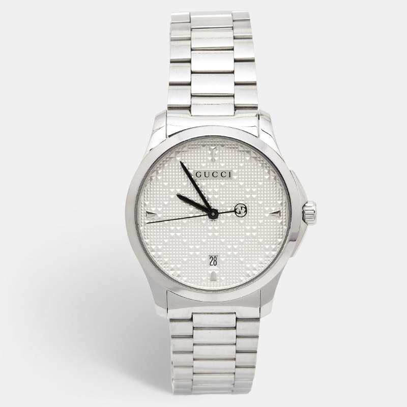 Pre Owned Gucci Silver Stainless Steel G-Timeless Diamante YA1264024 Women's Wristwatch 38 mm