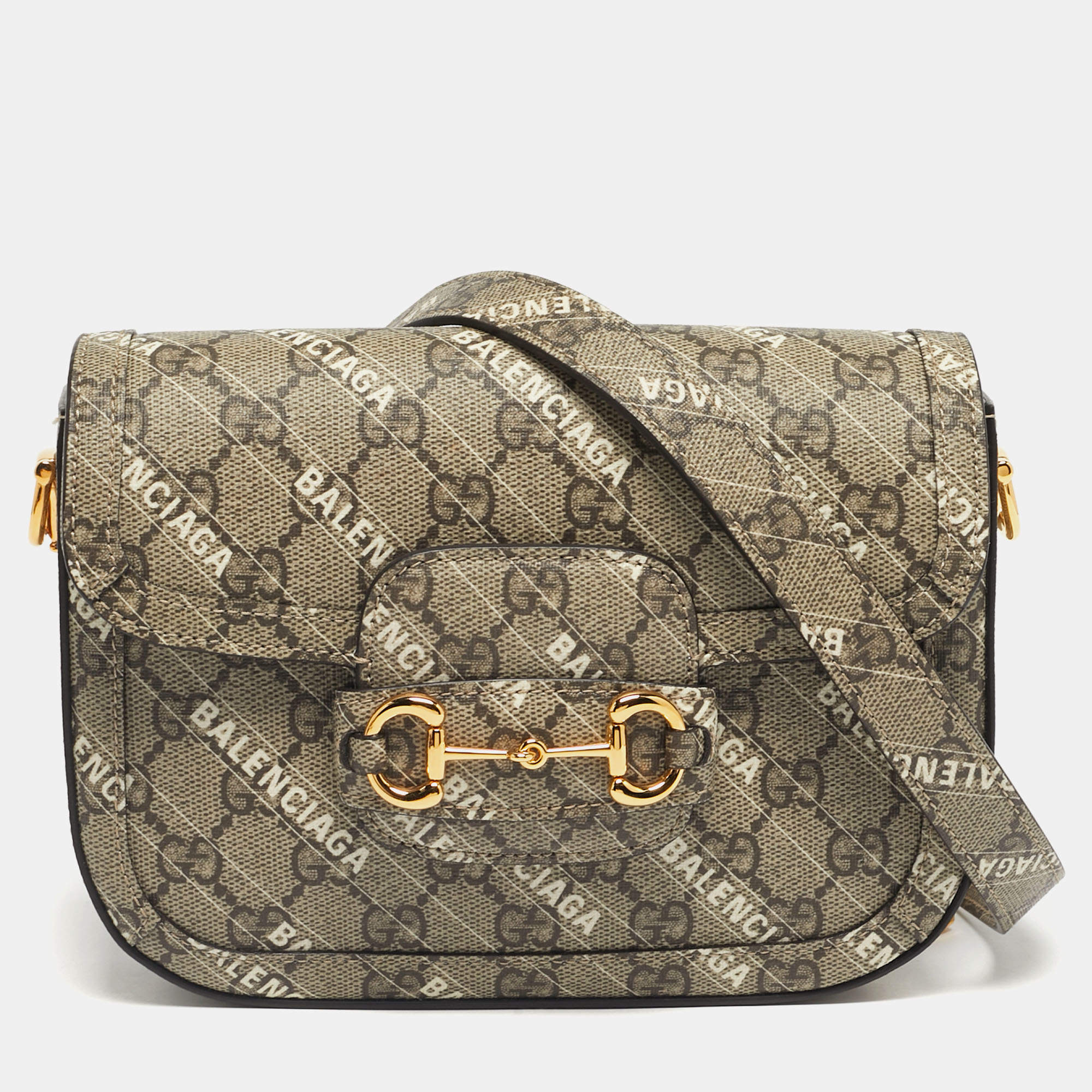 Pre Owned Gucci x Balenciaga Beige/Ebony GG Supreme Canvas Small Horsebit 1955 Shoulder Bag