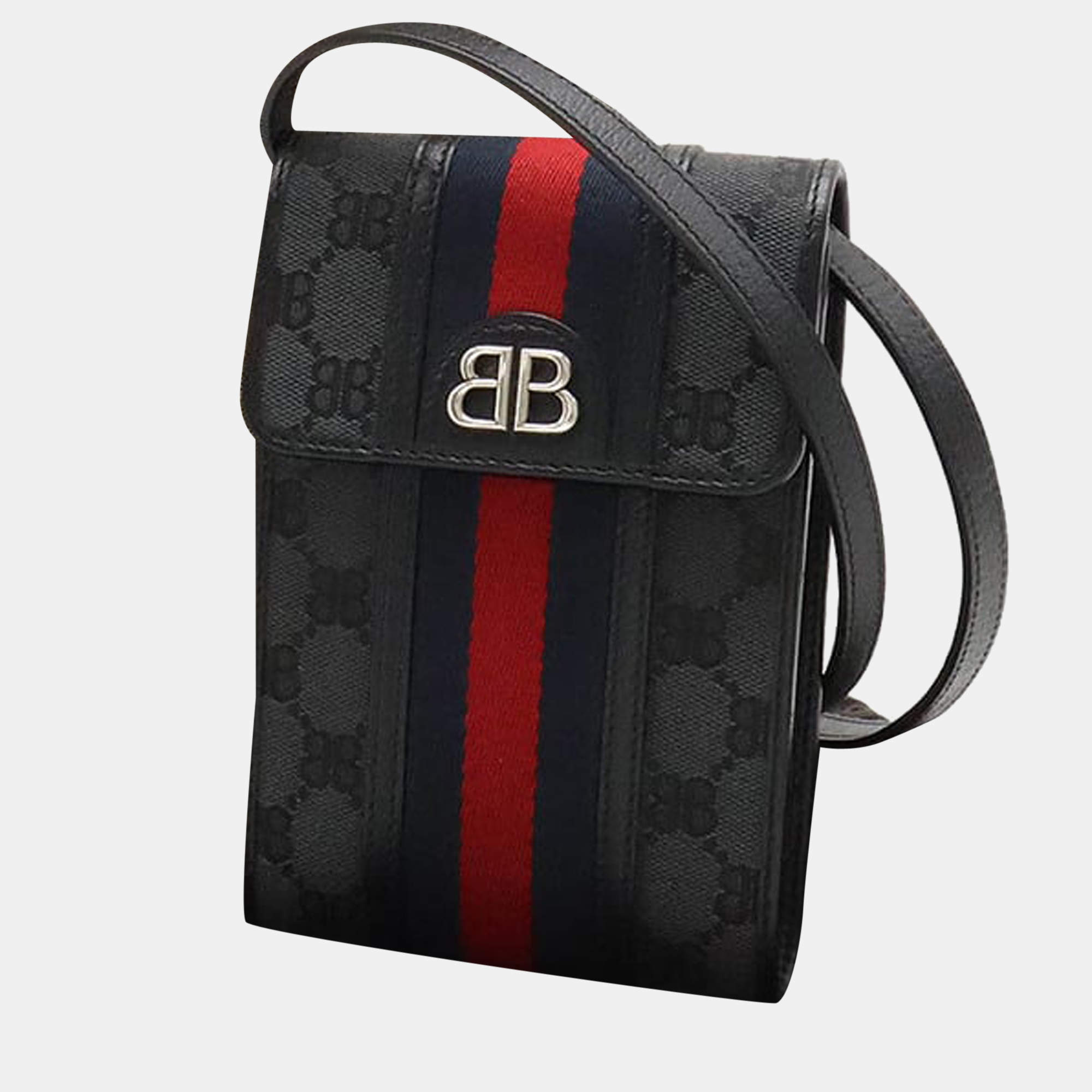 Gucci x Balenciaga Black BB Denim Monogram Web Mini Ophidia Phone Bag