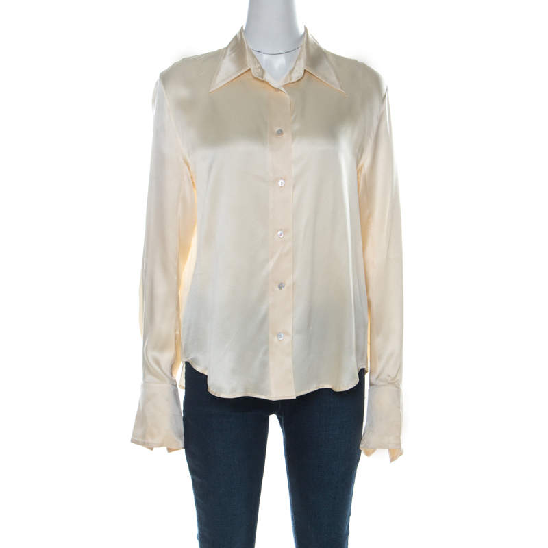 Pre Owned Guy Laroche Paris Collection Vintage Cream Silk Satin Button Front Shirt L 