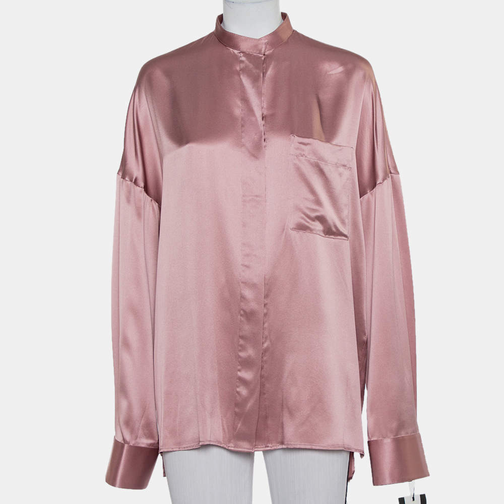 Haider Ackermann Pink Silk Satin Stand Collar Drop Shoulder Haider Ackermann Pink Silk Satin Stand Collar Drop Shoulder