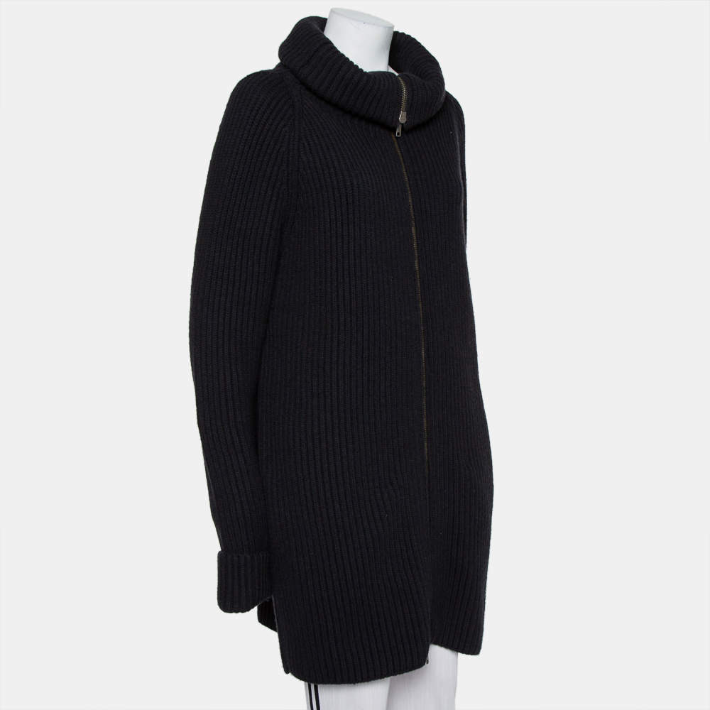 Haider Ackermann Black Wool Knit Collared Zip Front Oversized Long Cardigan  XXS