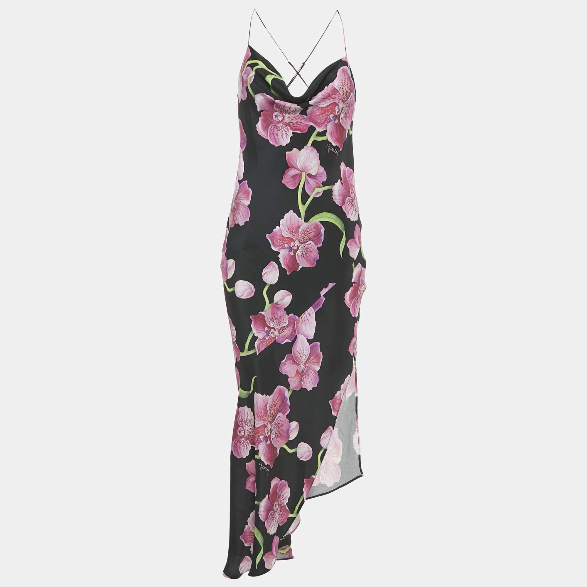 Pre Owned Haney Black Floral Print Silk Cowl Neck Slip Dress M