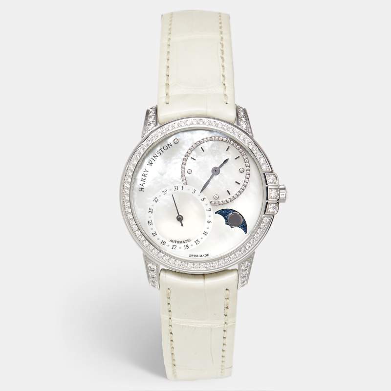 Pre Owned Harry Winston Midnight Date Moon Phase MIDAMP36WW001 Mother Of Pearl Diamond 18K White Gold Alligator Leather Women's Wristwatch 36 mm