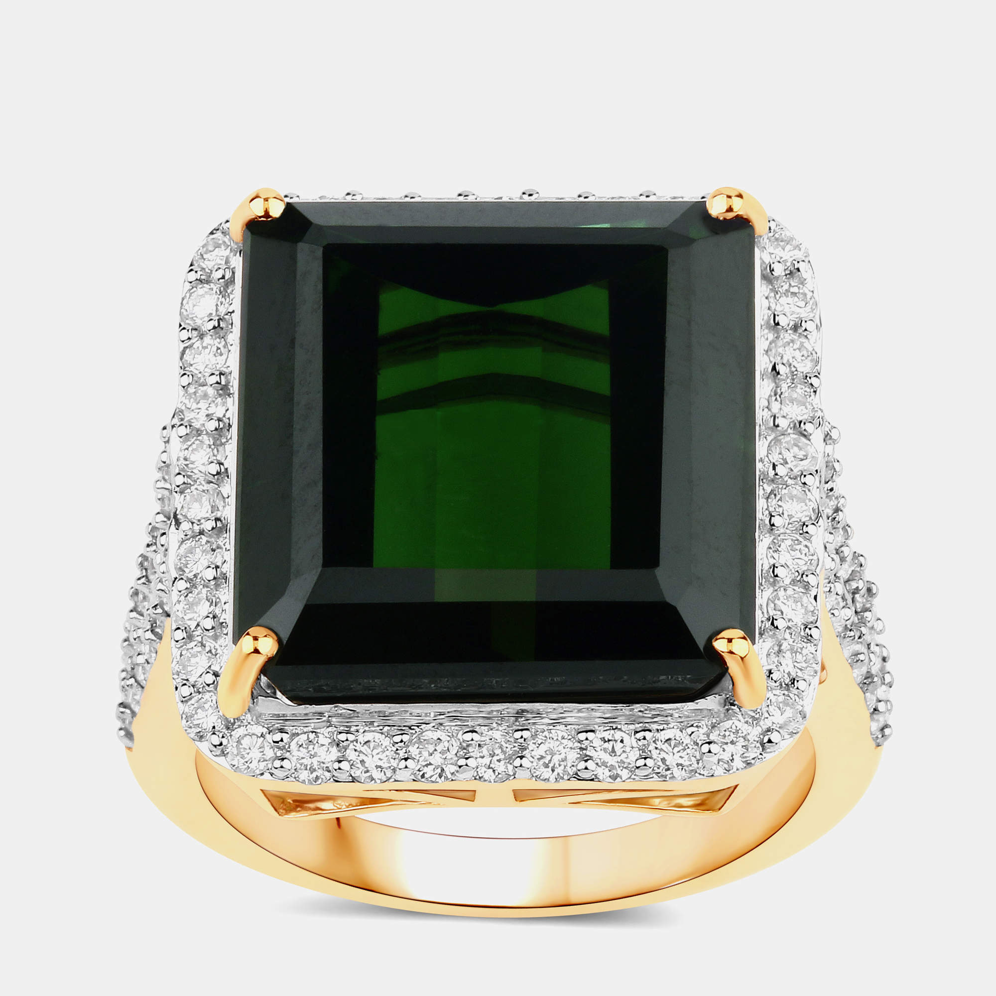 مملوكة مسبقًا 16.56 cts Green Tourmaline and Diamond 14K Yellow Gold Halo Ring US Size 7