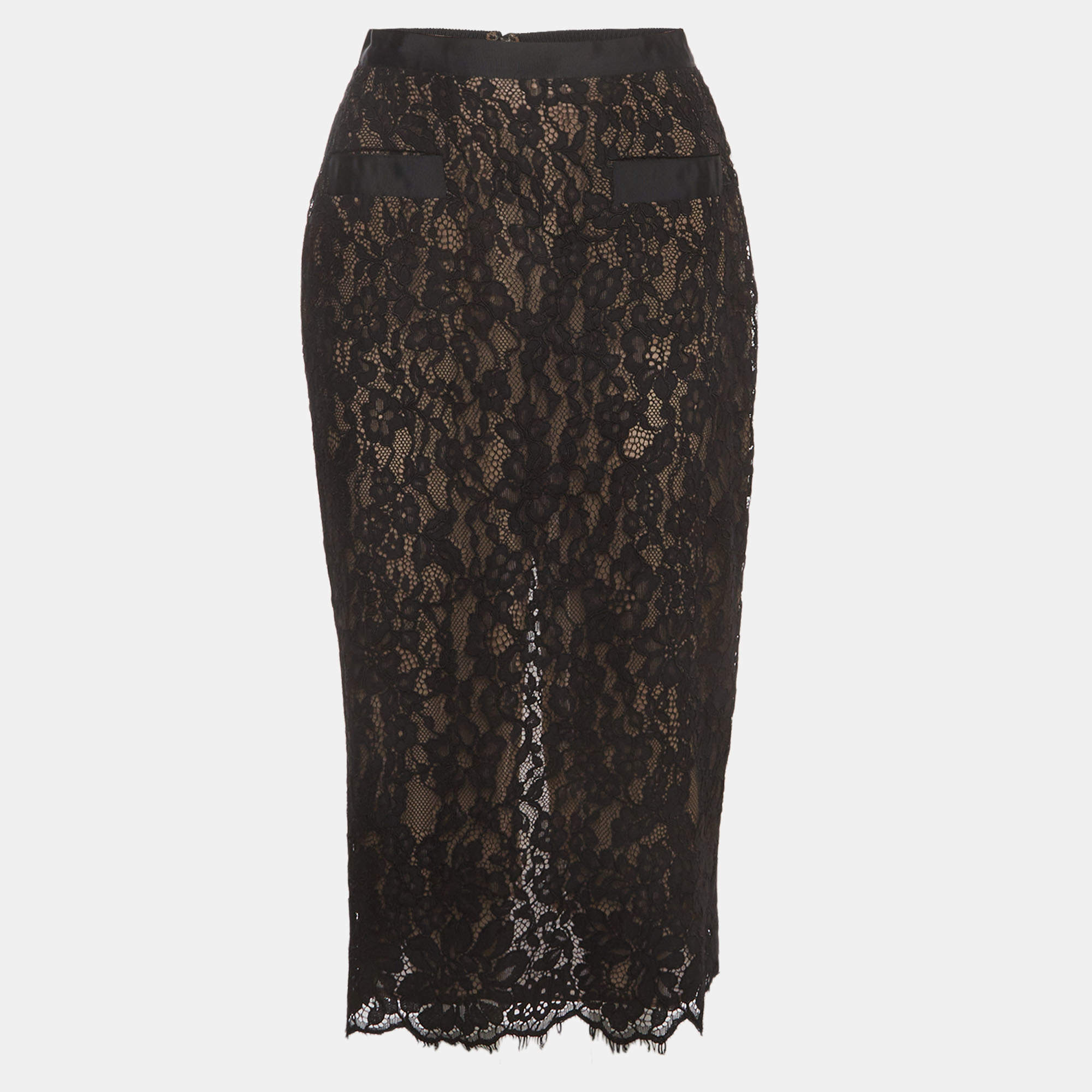 Pre Owned Helsa Black Floral Lace High Waist Midi Skirt M