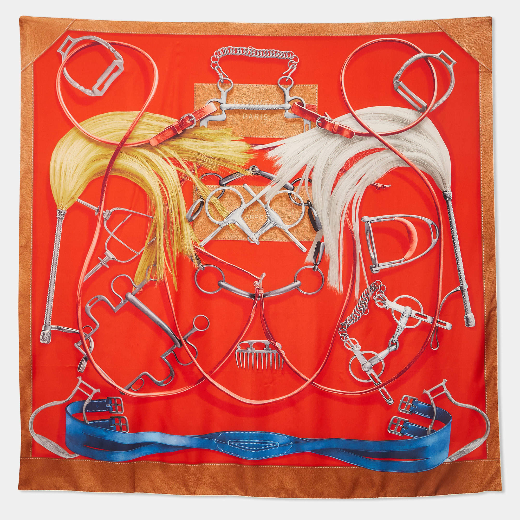 Hermes Orange Silk Projets Carres scarf 