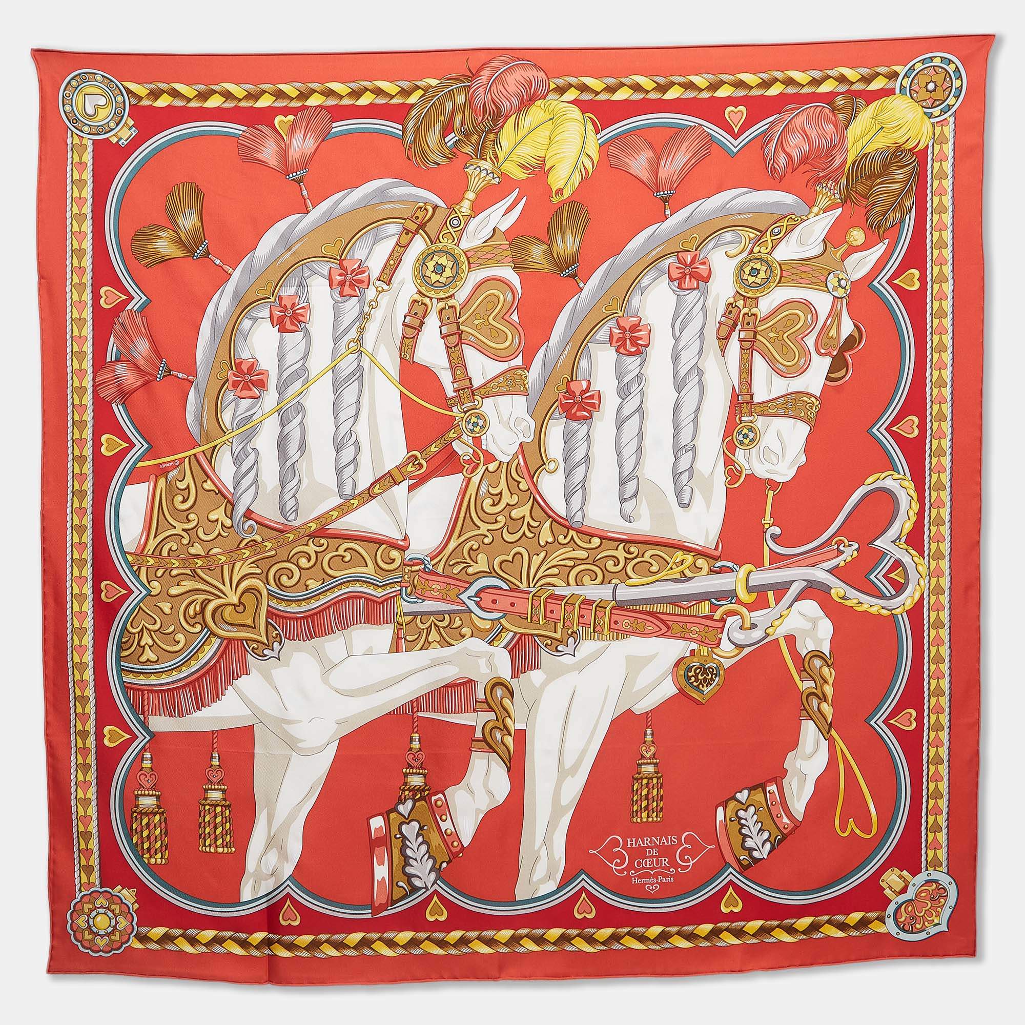 Pre Owned Hermes Orange Silk Harnais de Coeur scarf