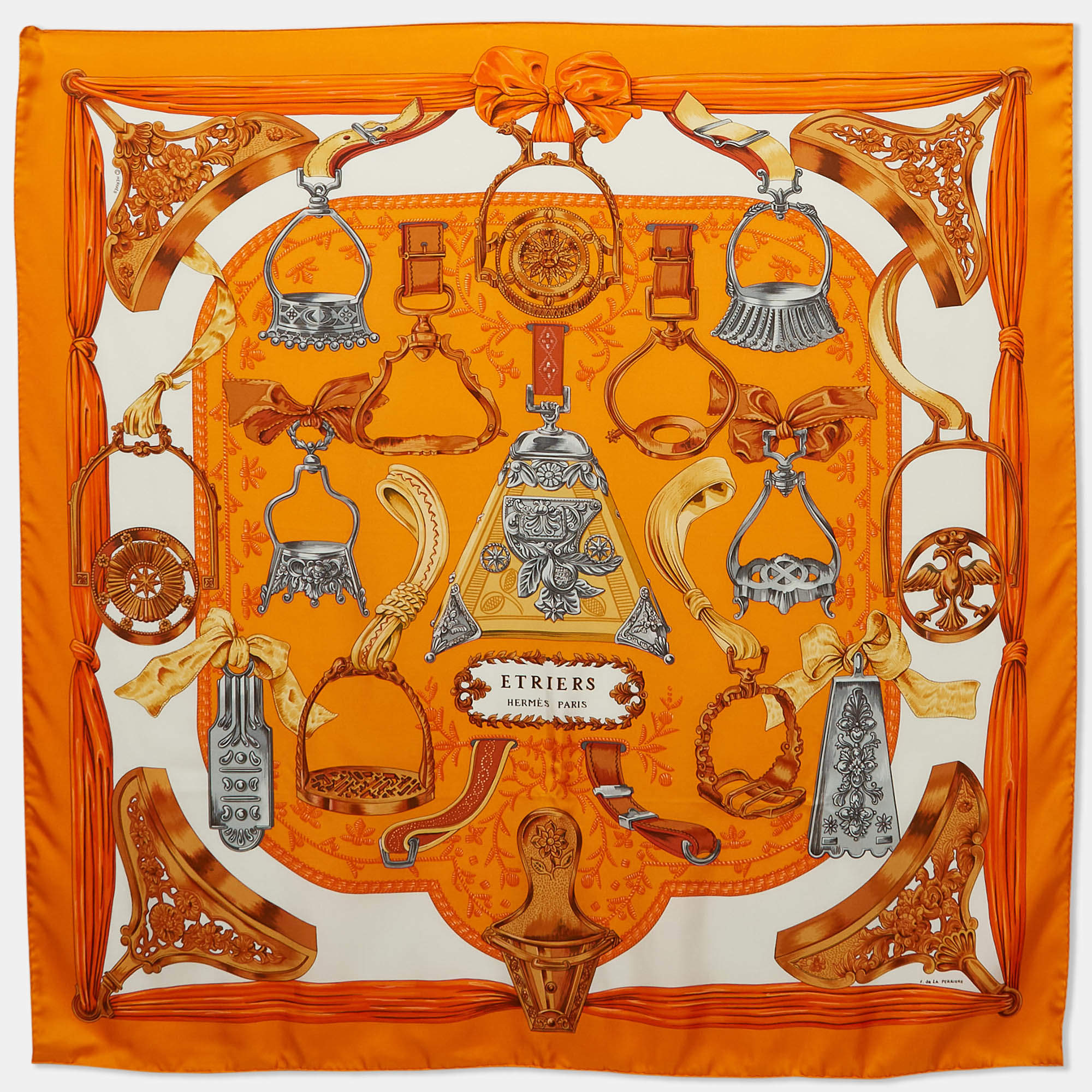 Pre Owned Hermes Orange Silk Twill Etriers Scarf