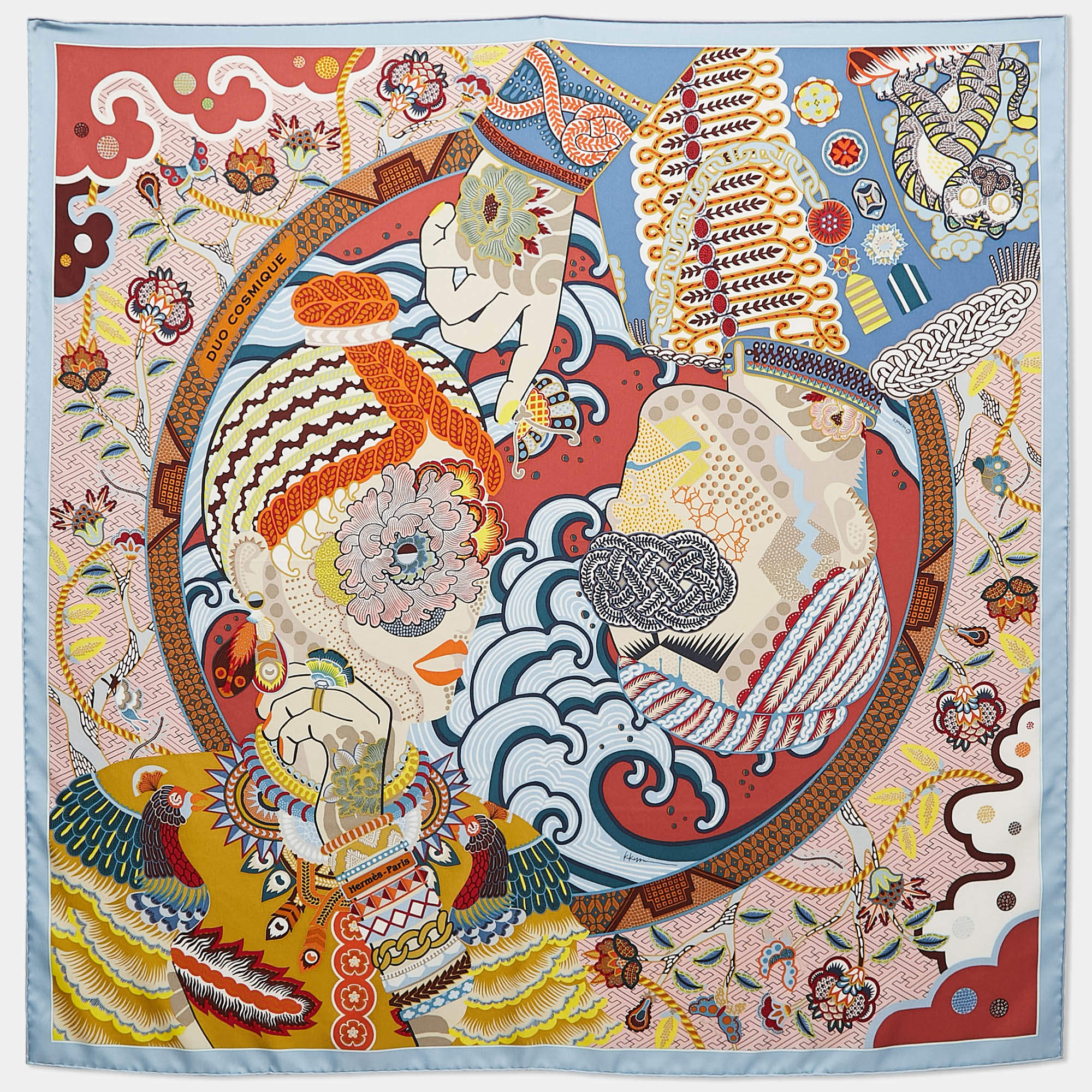 Pre Owned Hermès Bleu Ciel/ Brique Duo Cosmique Silk Scarf 