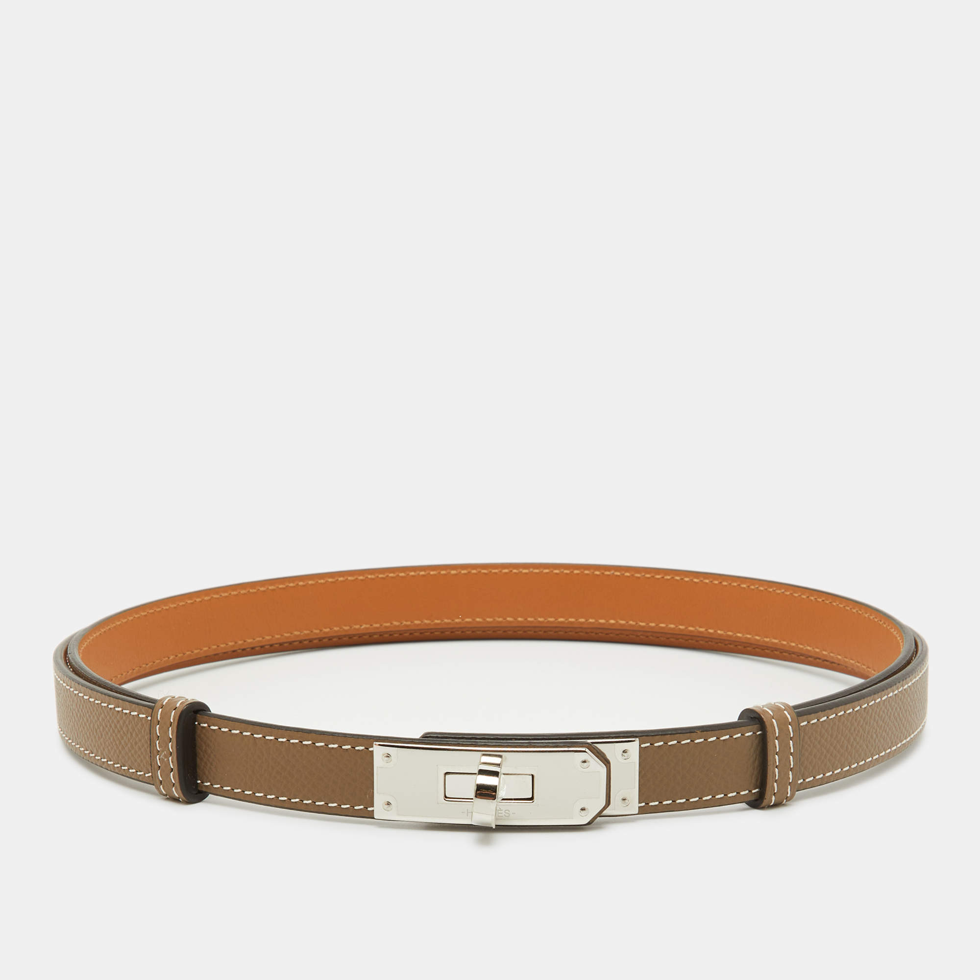Pre Owned Hermès Etoupe Epsom Leather Palladium Finish Kelly 18 Adjustable Belt