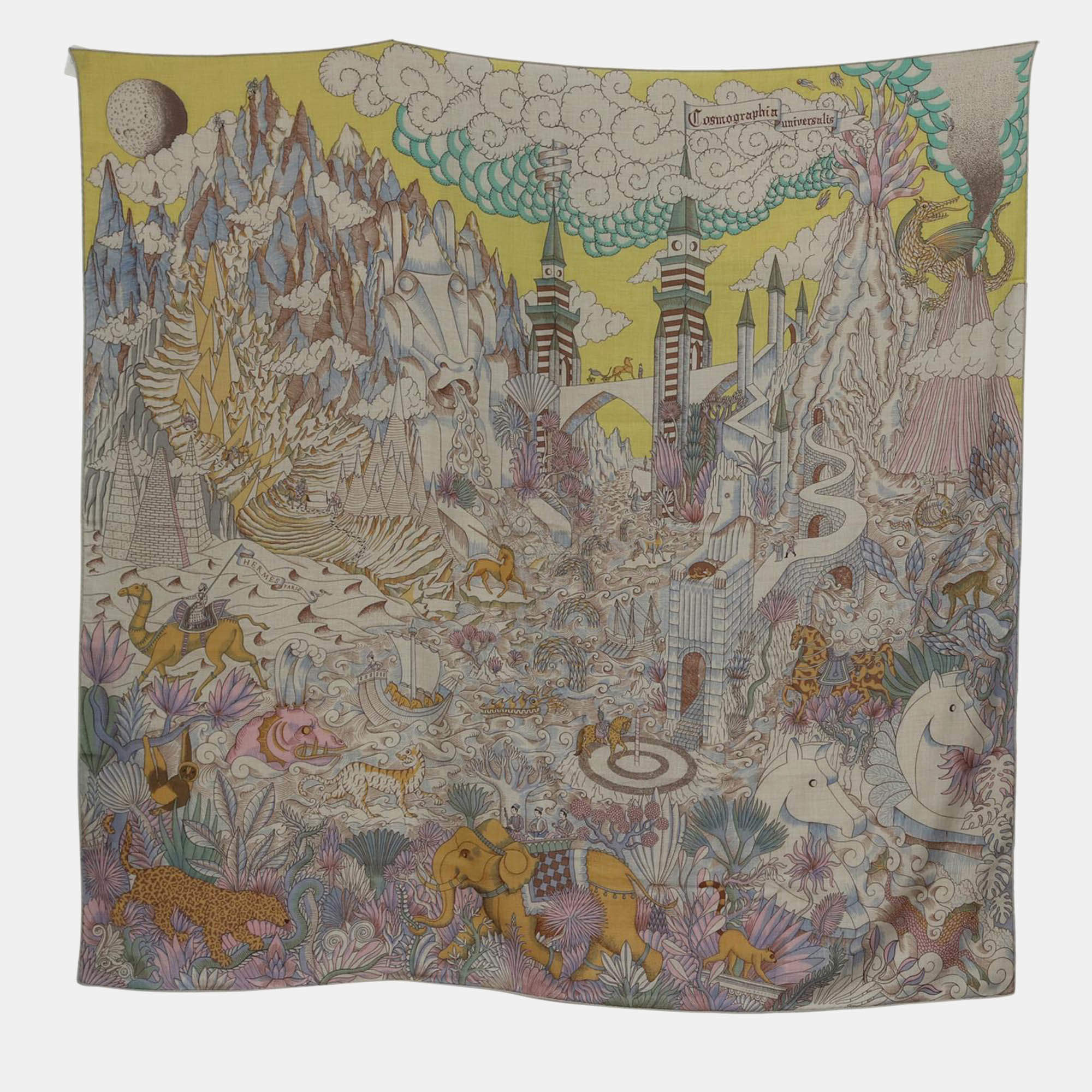 Pre Owned Hermes Naturel/Jaune/Rose Cashmere, Silk Cosmographia Universalis Cashmere 140 Shawl