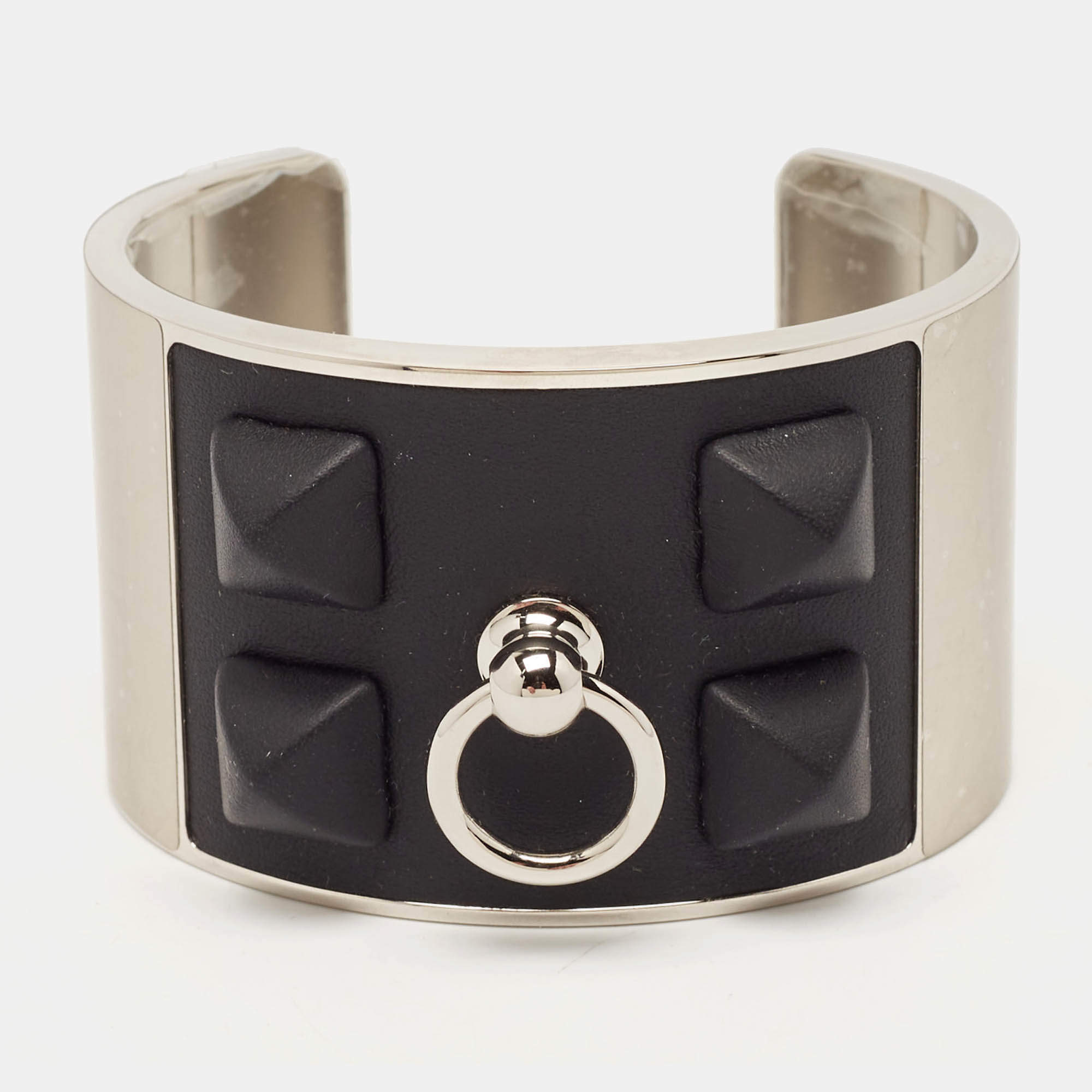 Hermès Collier De Chien Medor Gaine Leather Palladium Plated Cuff Bracelet