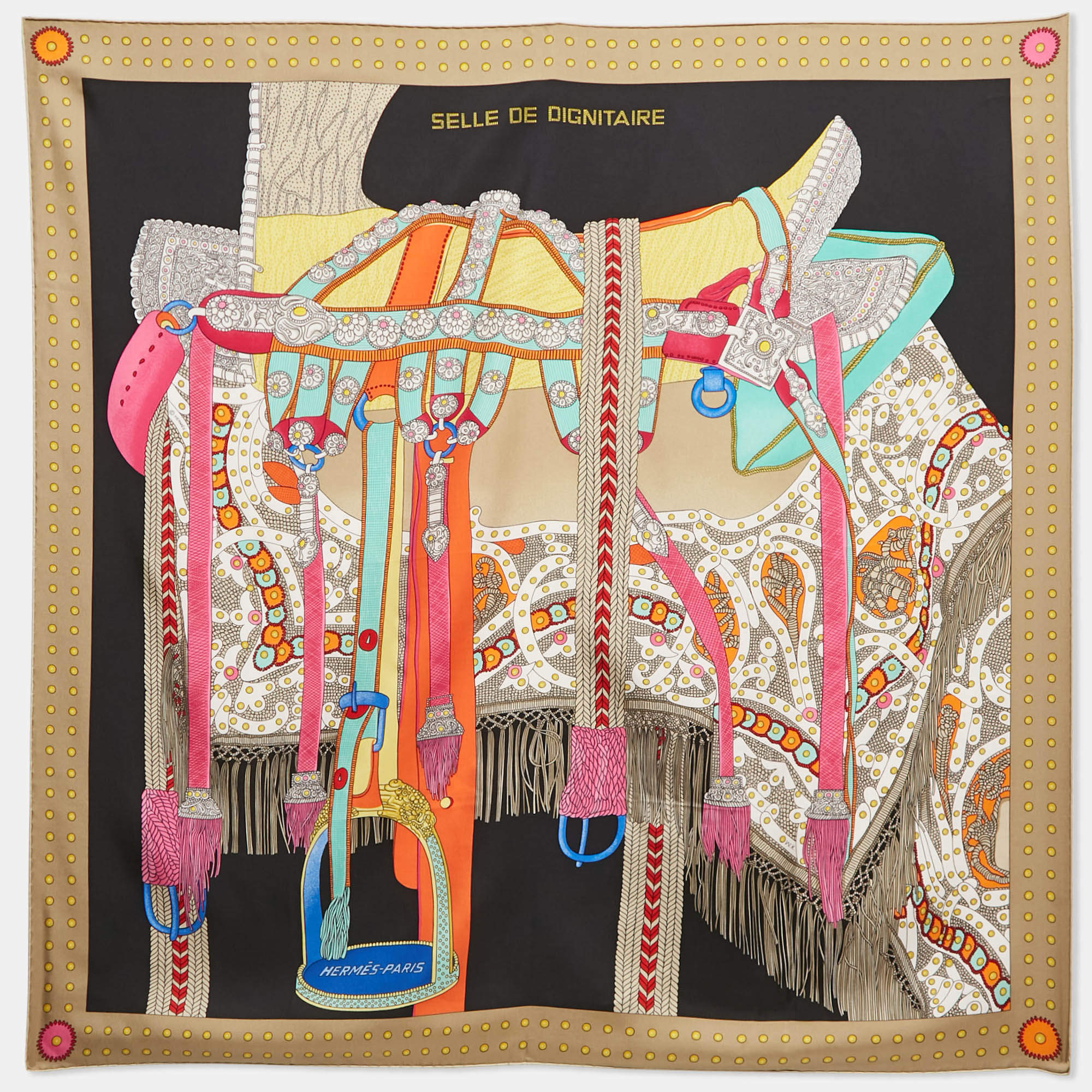 Hermes Beige Silk Selle De Dignitaire Scarf 