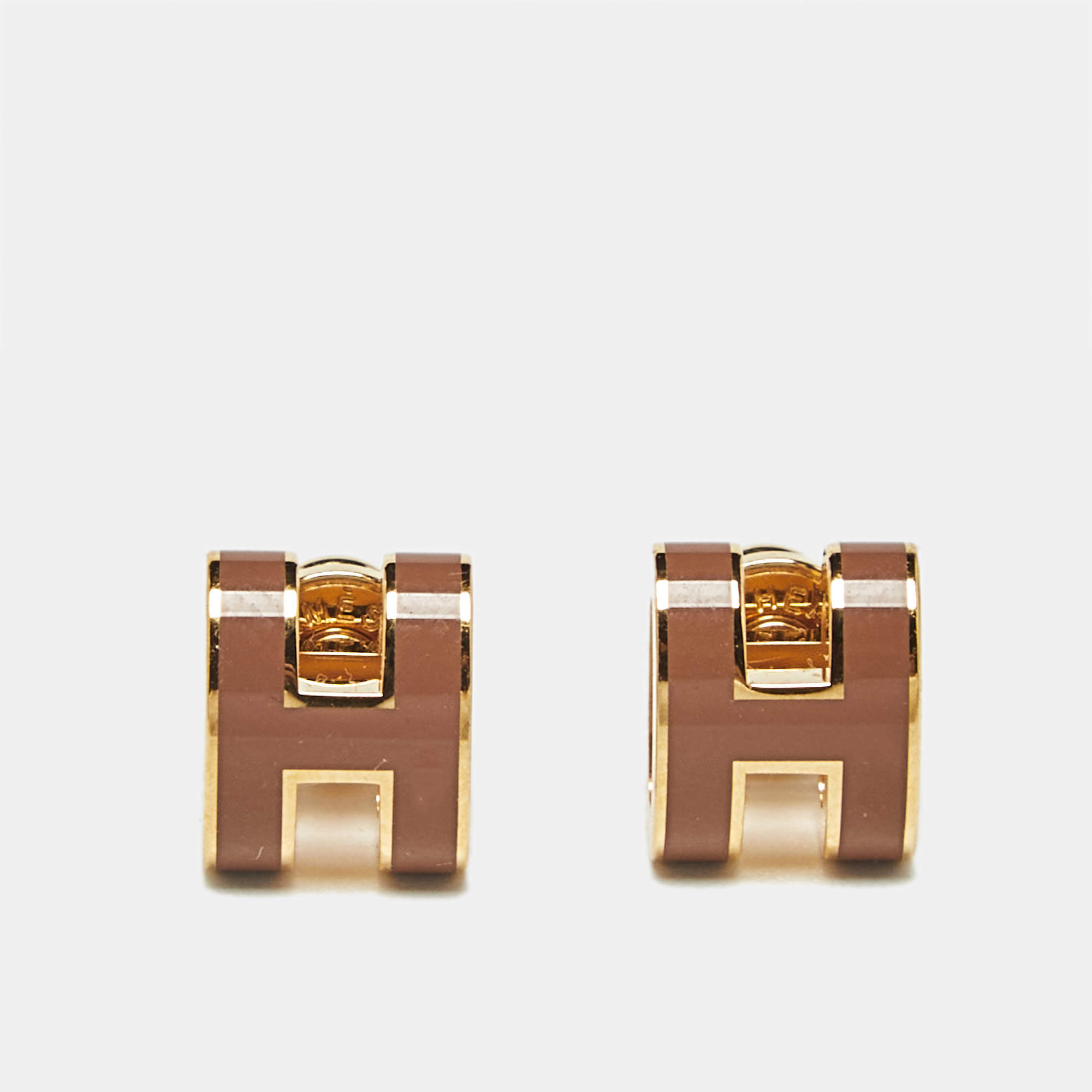 Pre Owned Hermès Mini Pop H Brown Enamel Gold Plated Earrings