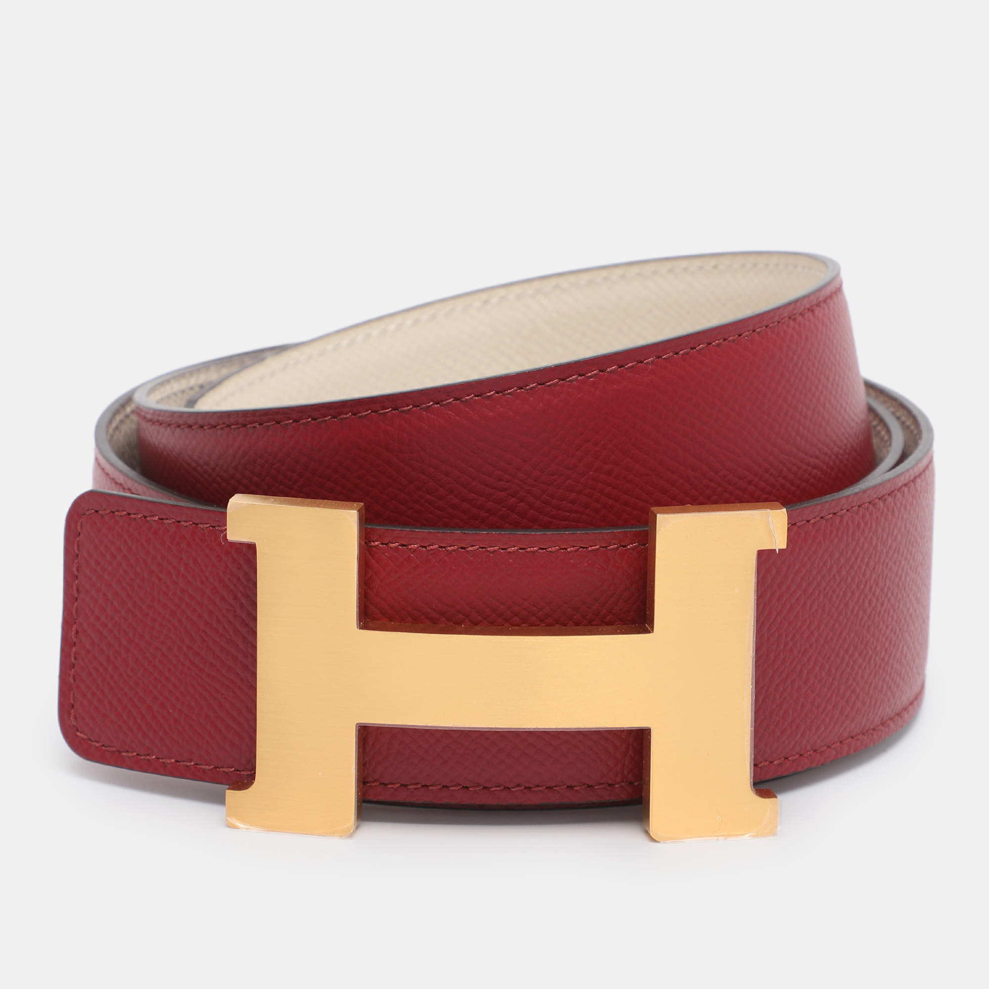 مملوكة مسبقًا Hermes Bordeaux/Off White Epsom Leather Reversible Constance Belt 95 cm