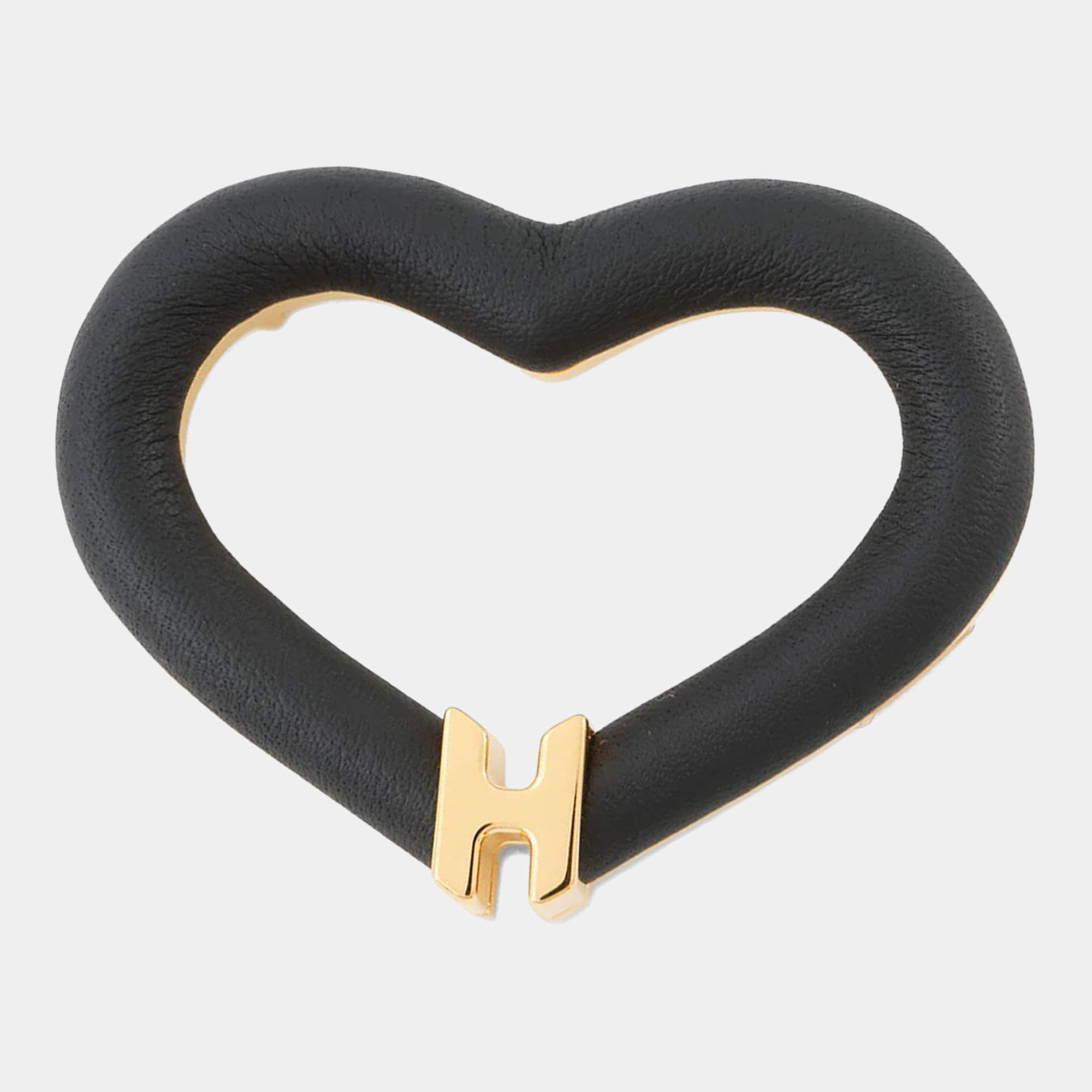 Pre Owned Hermes Brooch "Au Coeur Du Fauve" Black Swift Leather Gold Plated