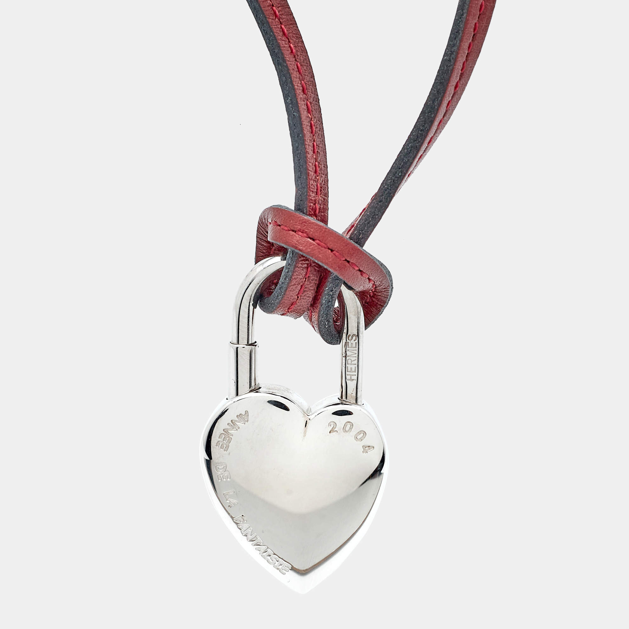 Pre Owned Hermès  Heart Leather Silver Tone Necklace