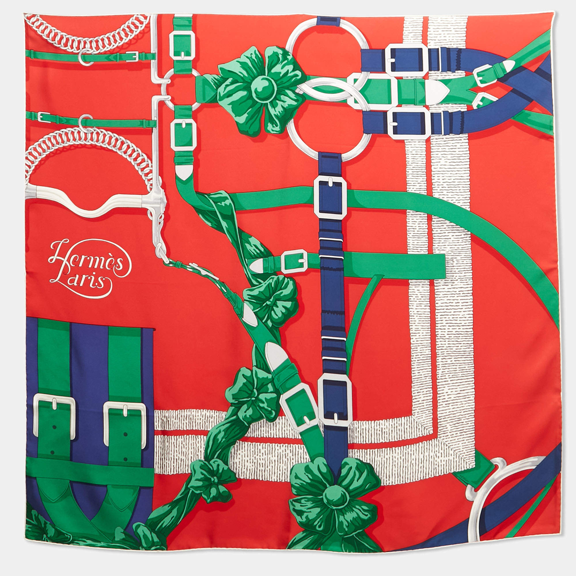 مملوكة مسبقًا Hermès Rouge/Vert Grand Manege Detail Silk Scarf