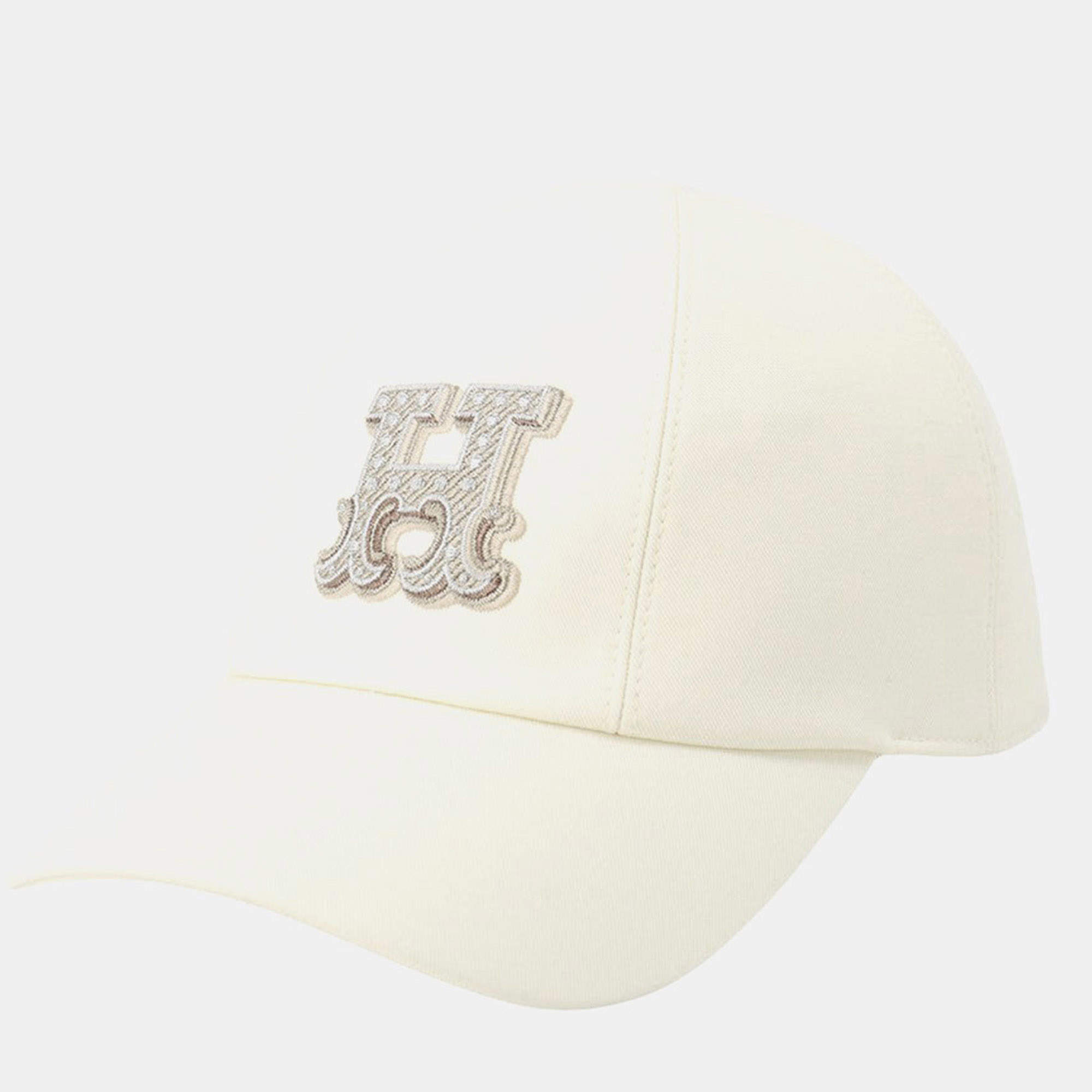 Pre Owned Hermes Serena H Electric Cap Size 57 Blanc Lotus Cotton100%