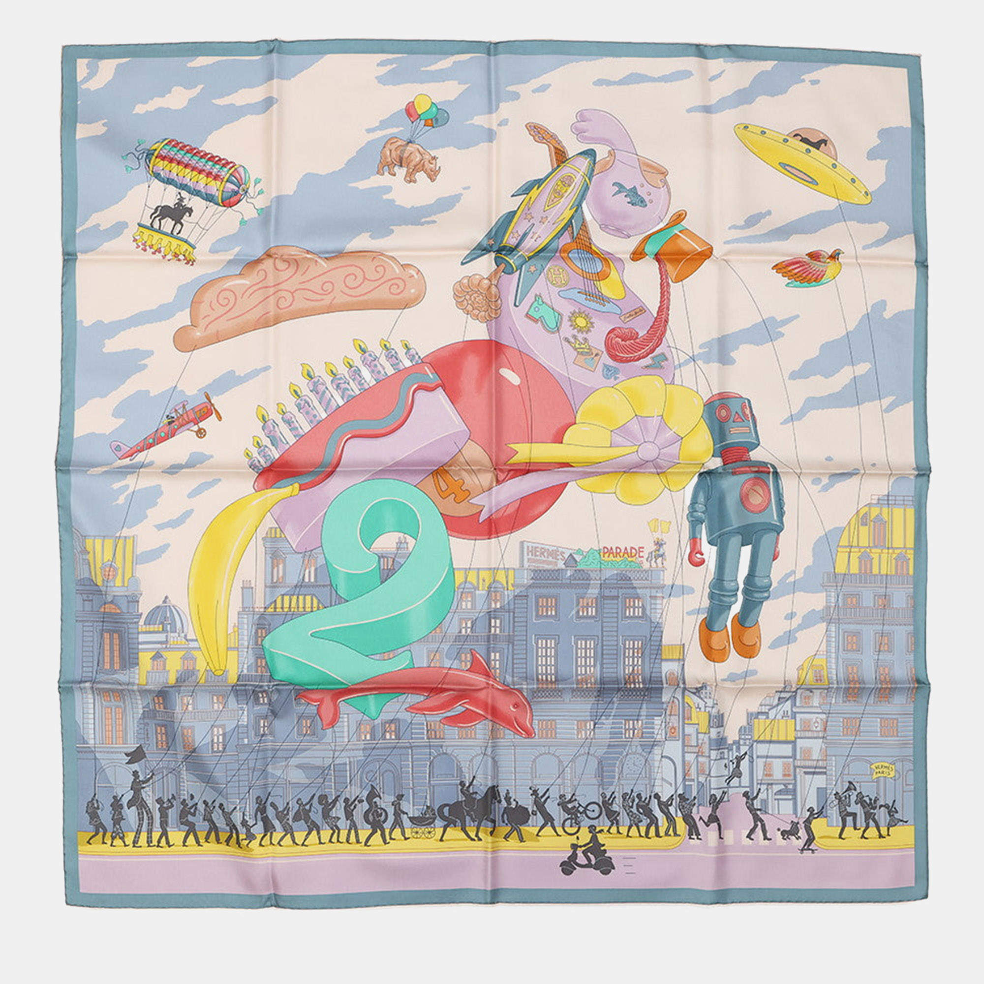 Pre Owned Hermes Carre Hermes Parade Size 90 Rose Pearl/Jaune Vif/Multicolor Silk100%