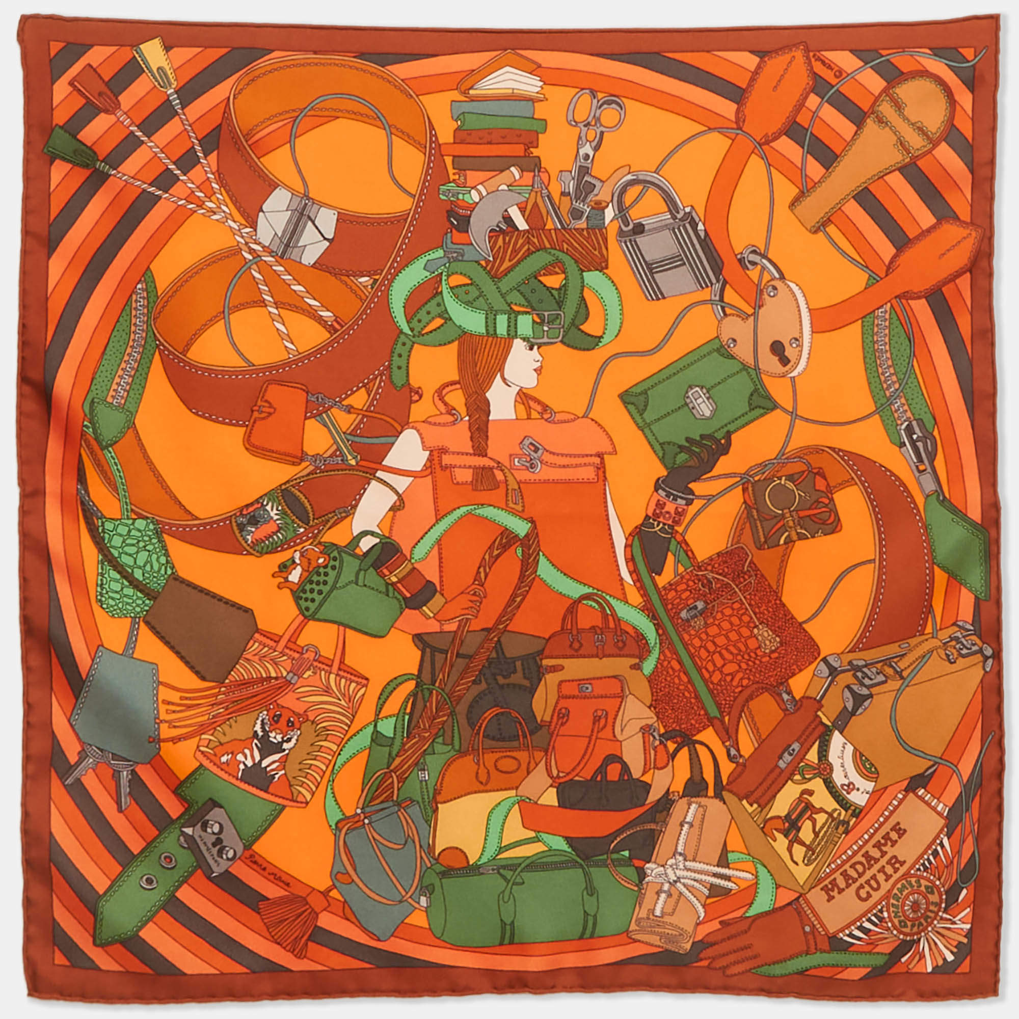 Pre Owned Hermès Orange/Brown Madame Cuir Silk Gavroche 45 