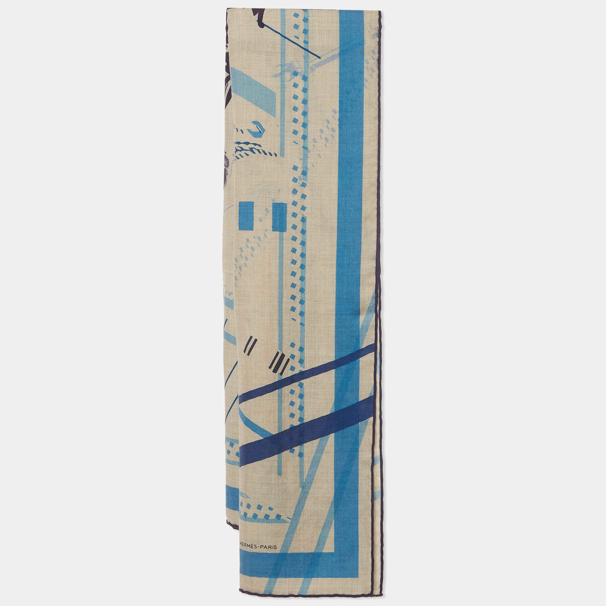 Pre Owned Hermès Beige/Blue Concours D'Etriers Cashmere and Silk Blend Scarf 