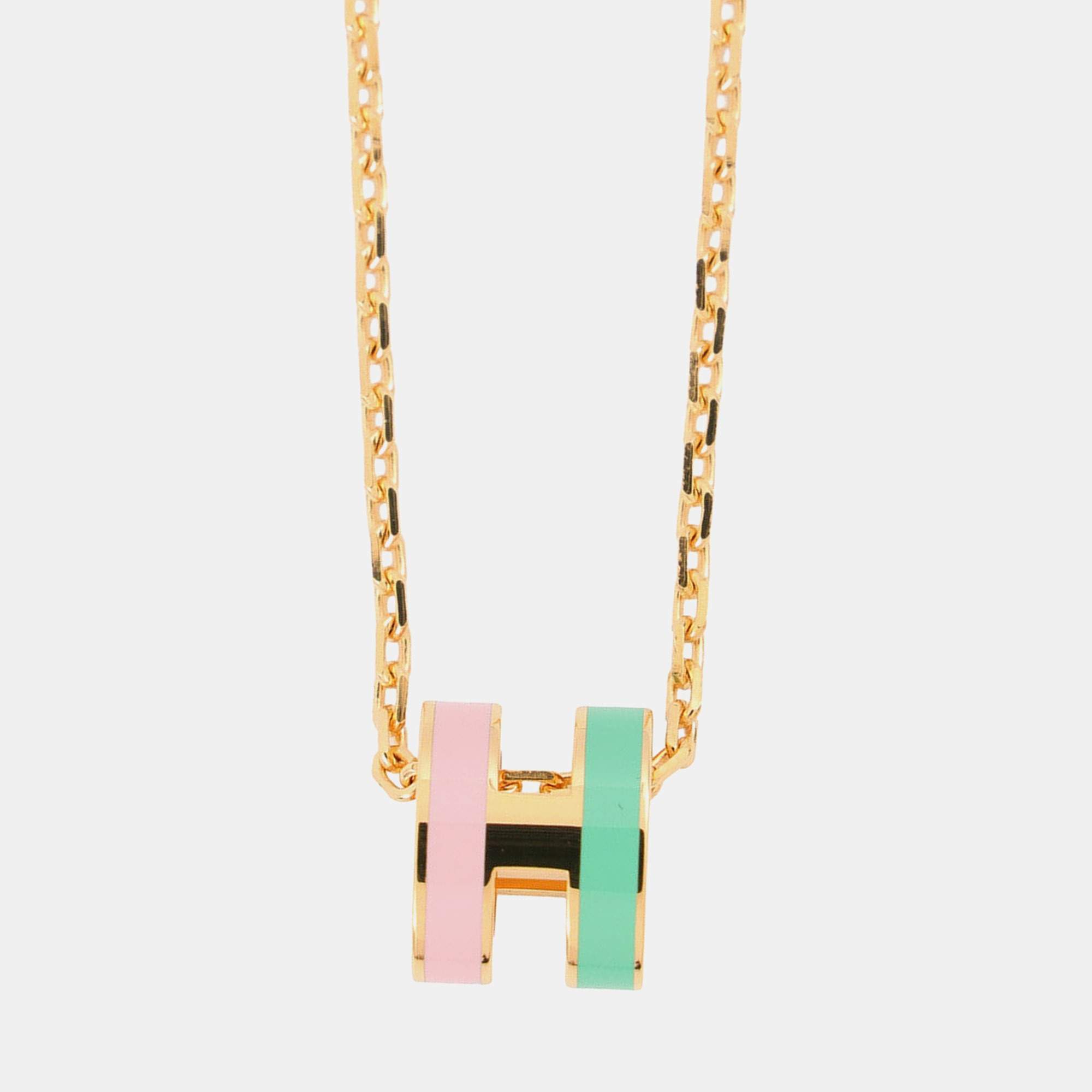 مملوكة مسبقًا Hermes Pop Ash Necklace Rocabar Malabar Size Mini Vert/Rose Lacquer Gold Plated
