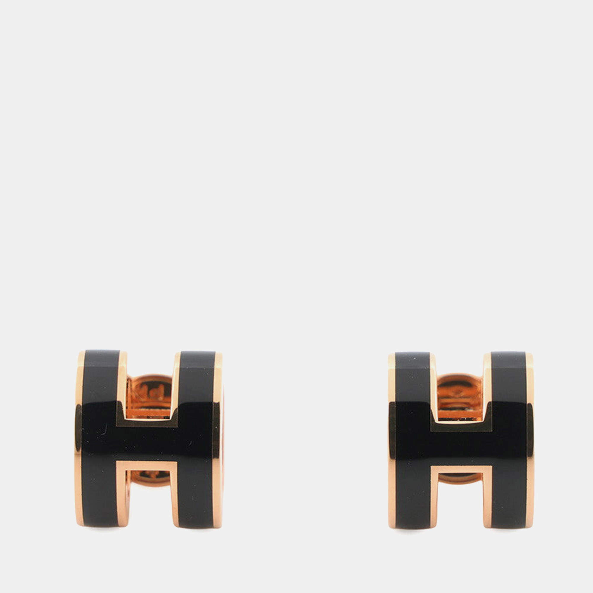 Pre Owned Hermes Pop Ash Earrings Size Mini Black Gold Plated Lacquer