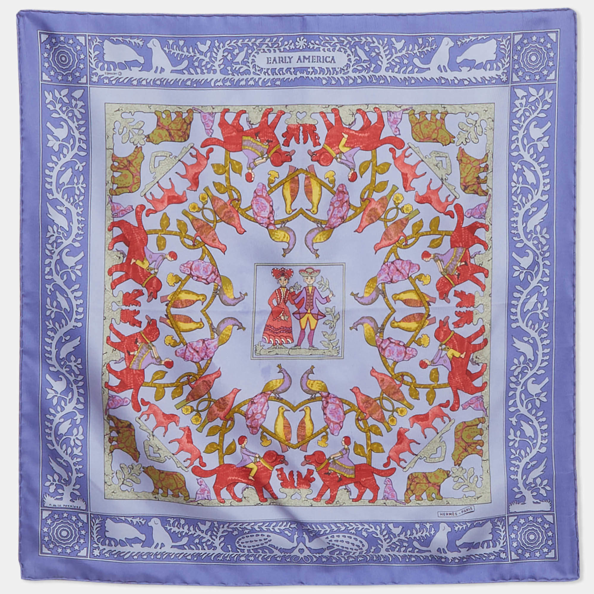 Pre Owned Hermès Blue Early America Silk Gavroche Handkerchief Scarf 