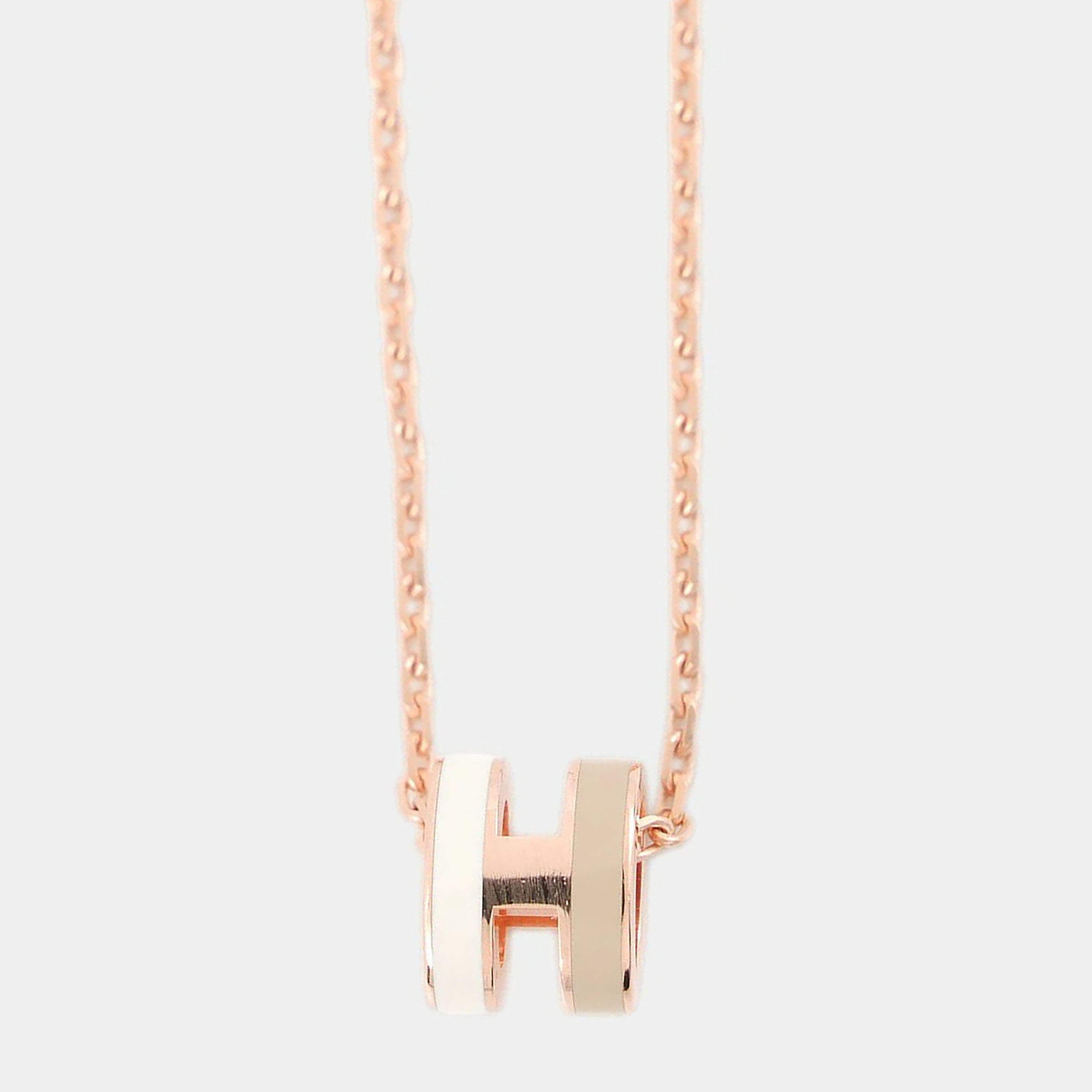 مملوكة مسبقًا Hermes Pop Ash Necklace Rocabar Size Mini White/Marron Glacï¾ï½© Lacquer Metal