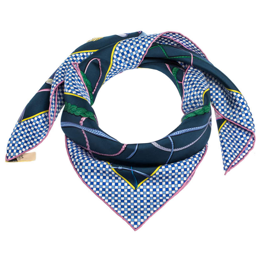 Pre Owned Hermes Blue Fouet et Badine Silk Twill Square Scarf