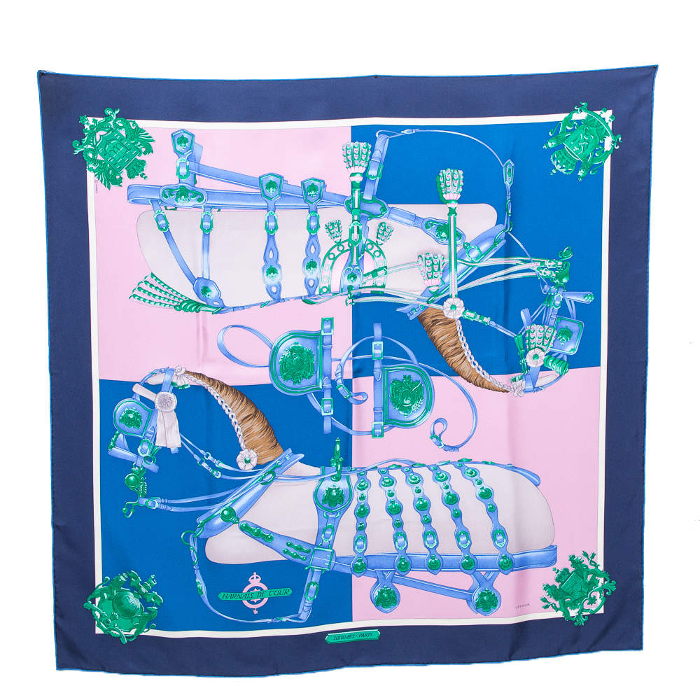 Pre Owned Hermes Marine Blue Harnais De Cour Silk Scarf