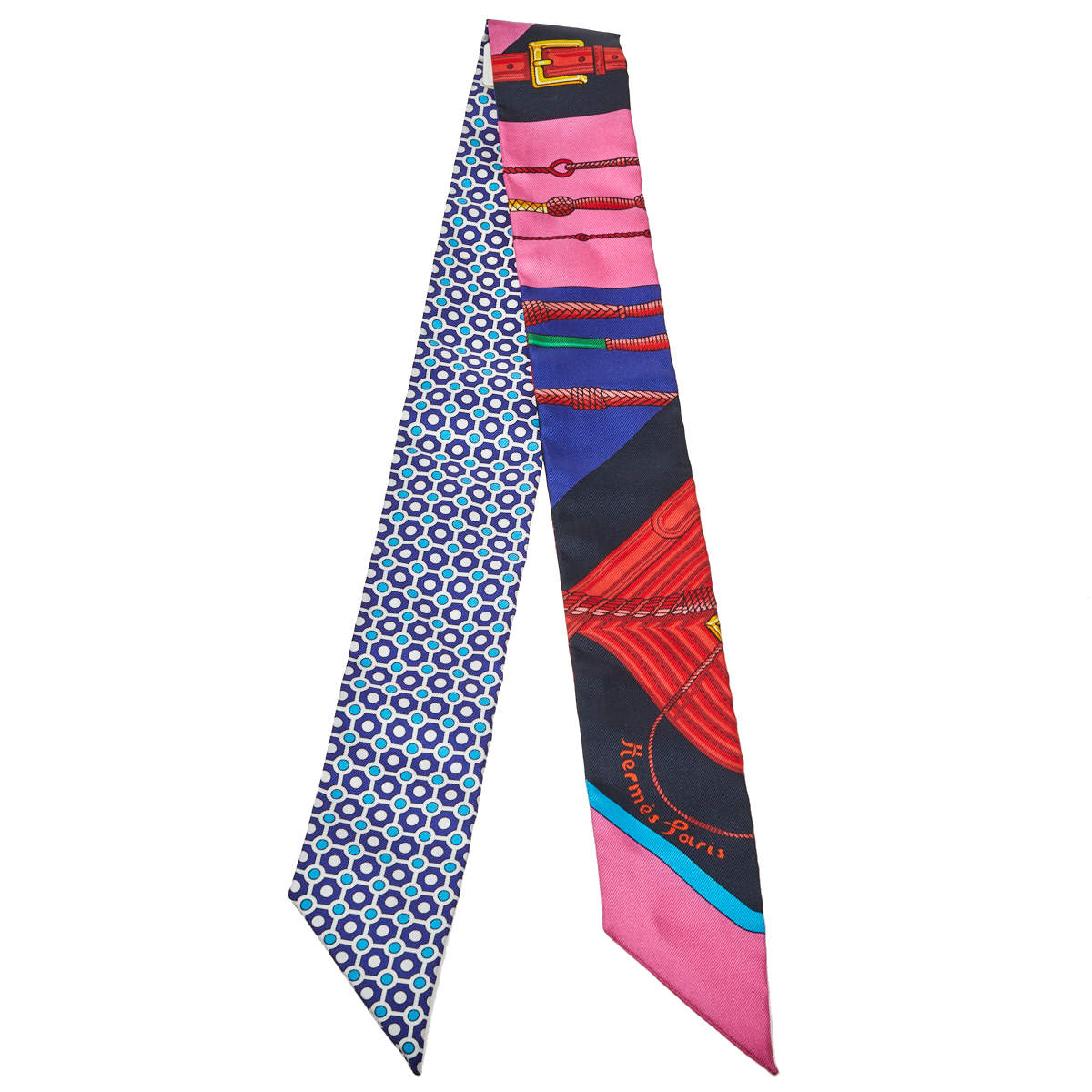 Hermes Blue & Rose Clic-Clac Modern Cannage Silk Twilly Scarf